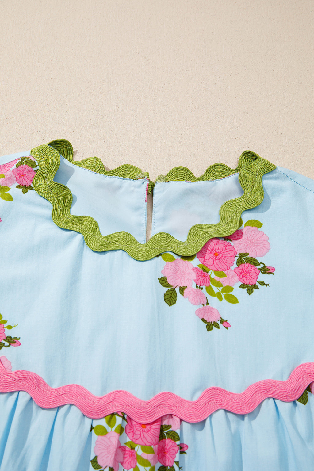 Sky Blue Floral Printed Contrast Ricrac Detail Bubble Sleeve Dress