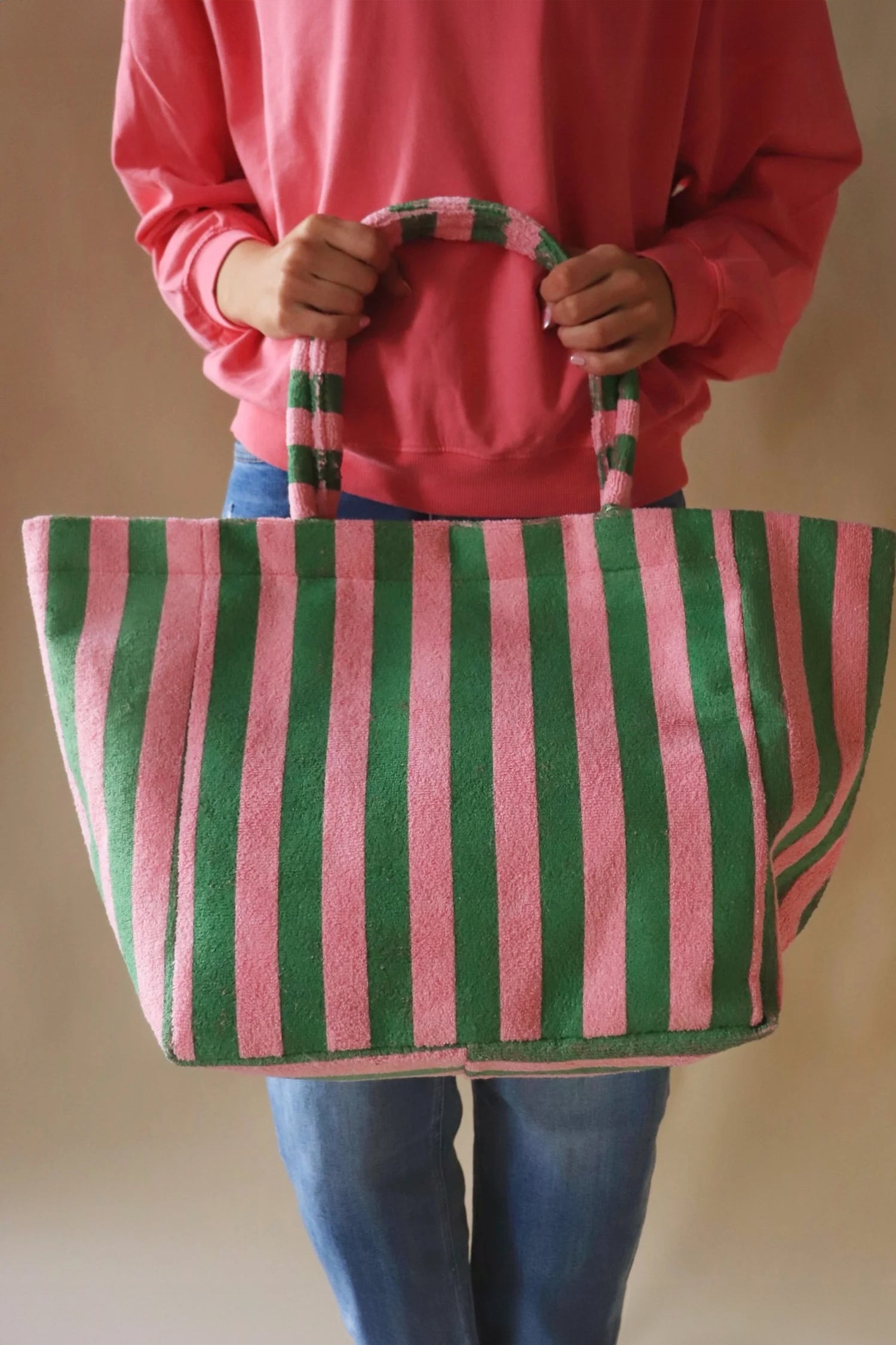 Dark Green Striped Terry Large Beach Tote Bag