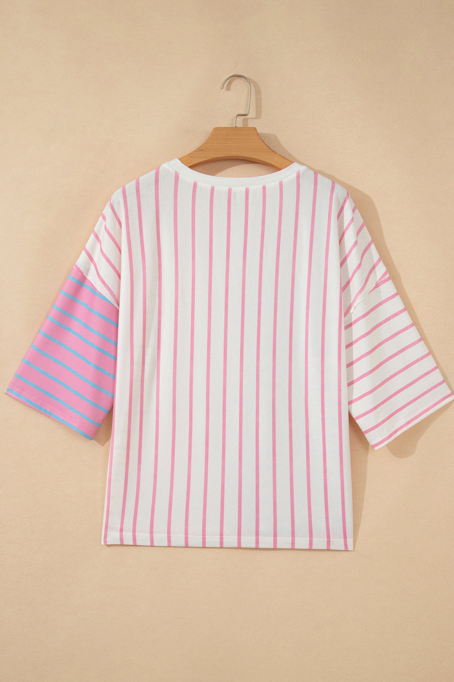 Green Stripe Colorblock 3/4 Sleeve Loose T Shirt