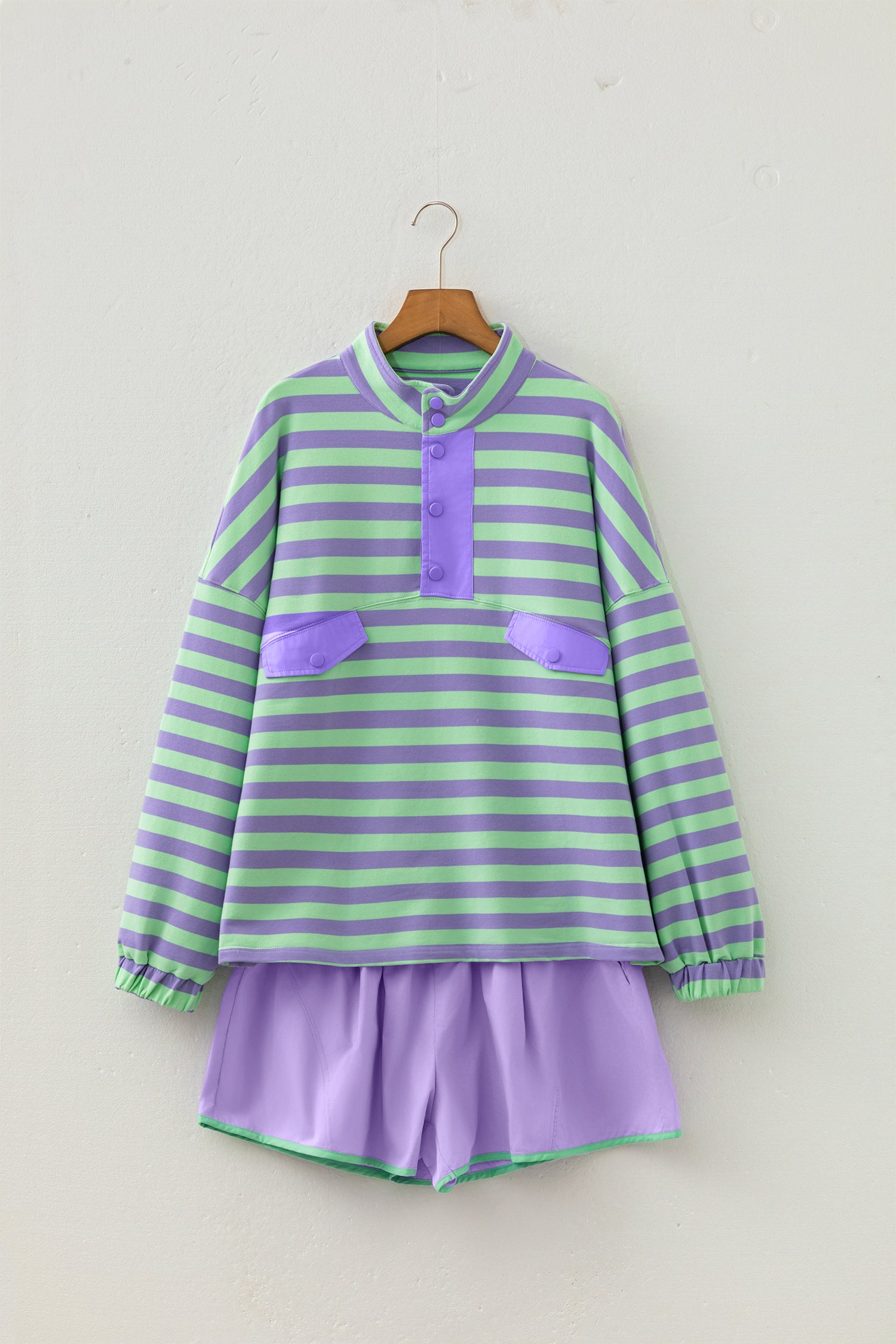Purple Stripe Snap Button Long Sleeve Henley Top Contrast Shorts Two Piece Set