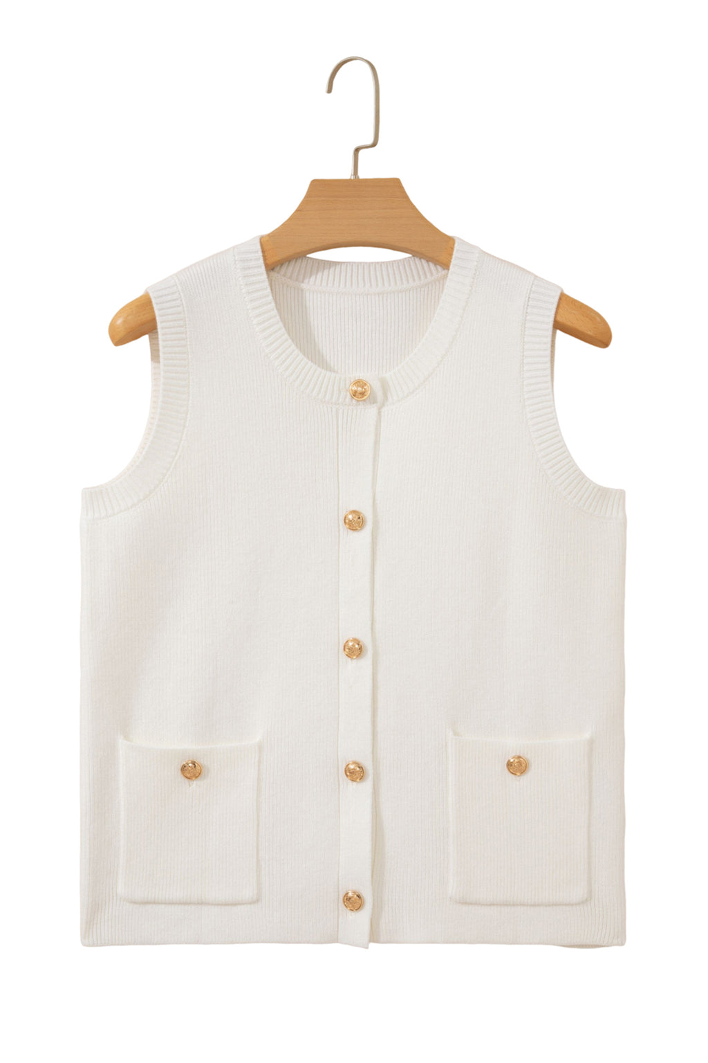 White Solid Color Sleeveless Knit Button Pocketed Sweater
