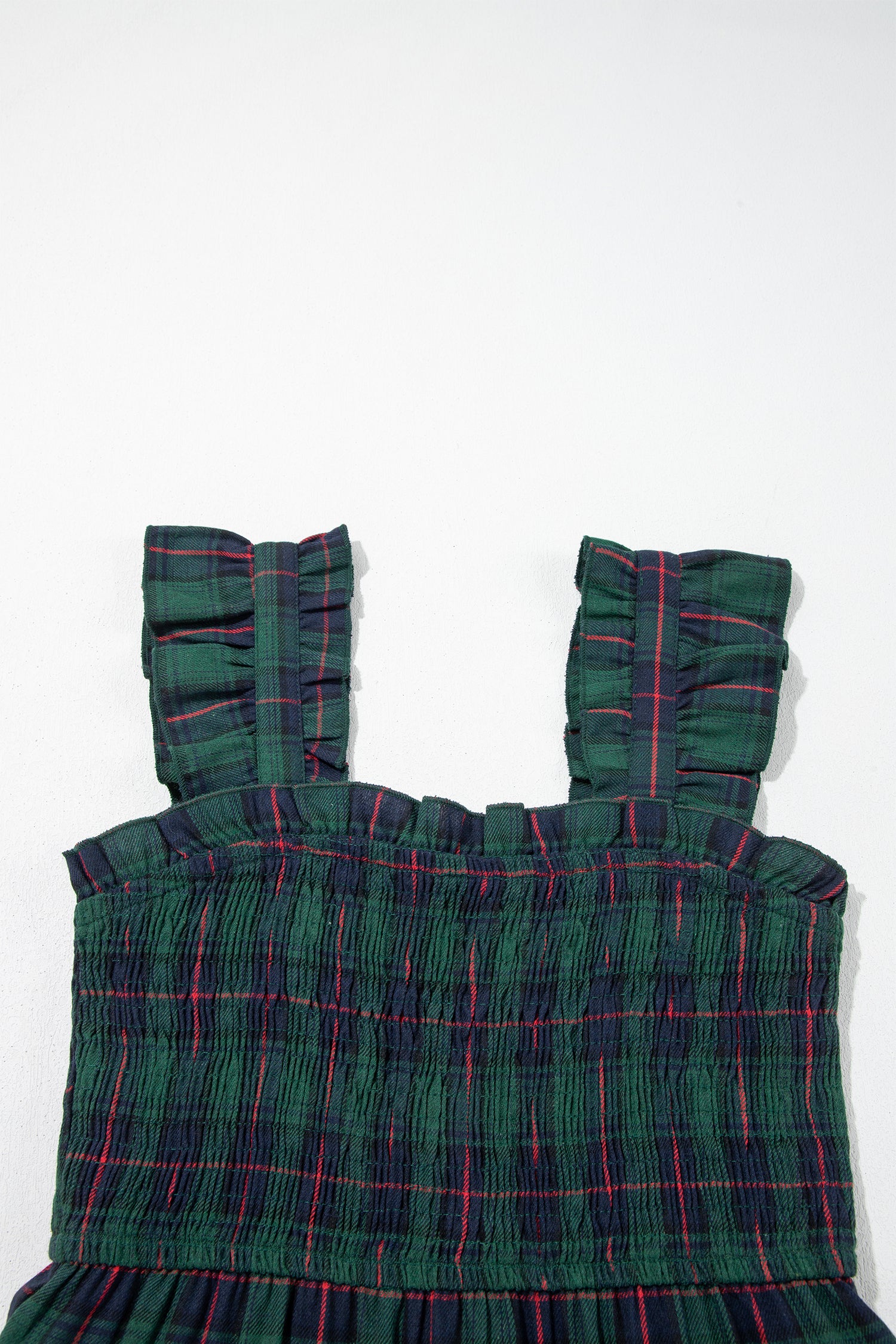 Green Plaid Ruffle Sleeveless Shirred Bodice Tiered Midi Dress