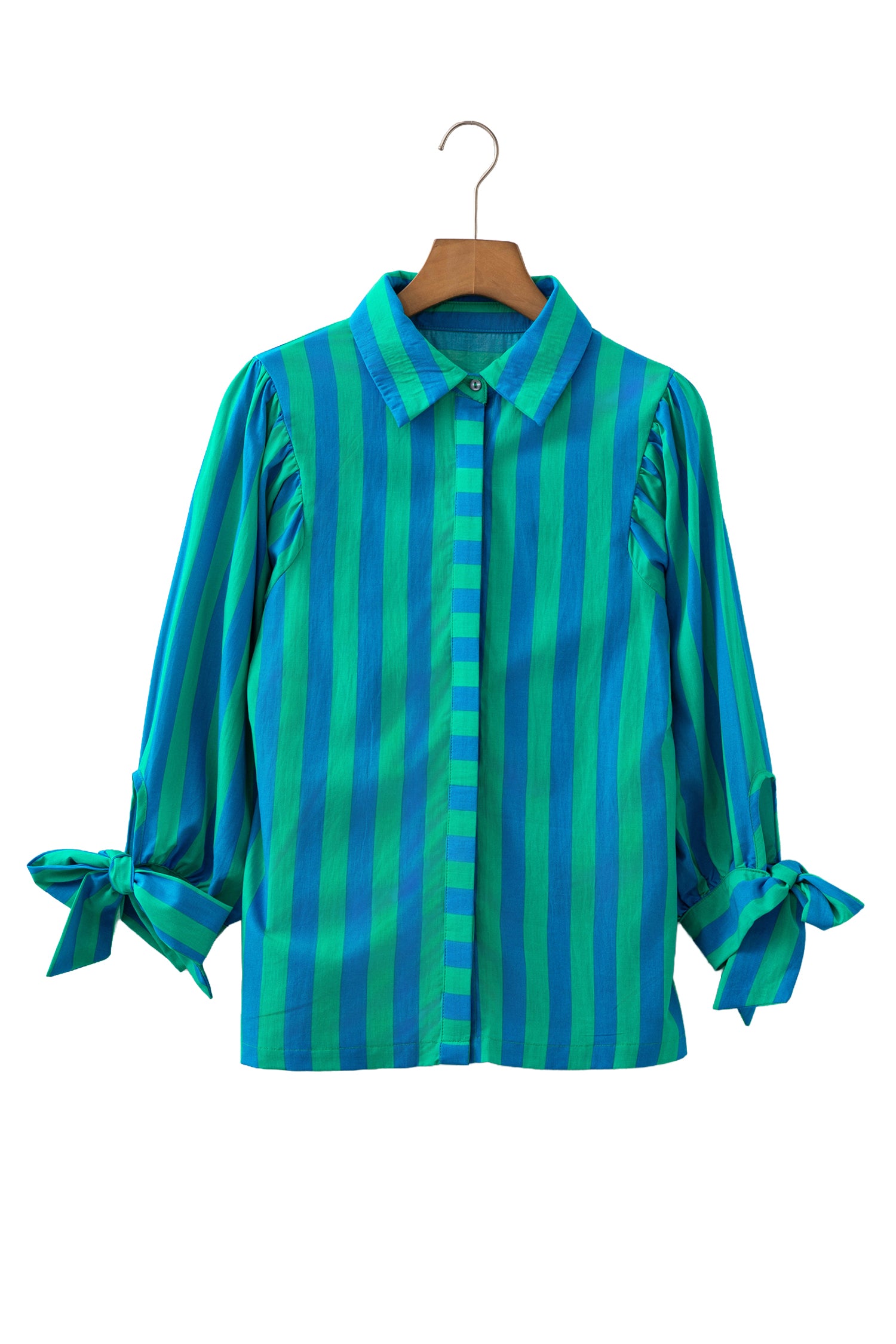 Blue Stripe Tie Puff Sleeve Womens Button Down Shirt