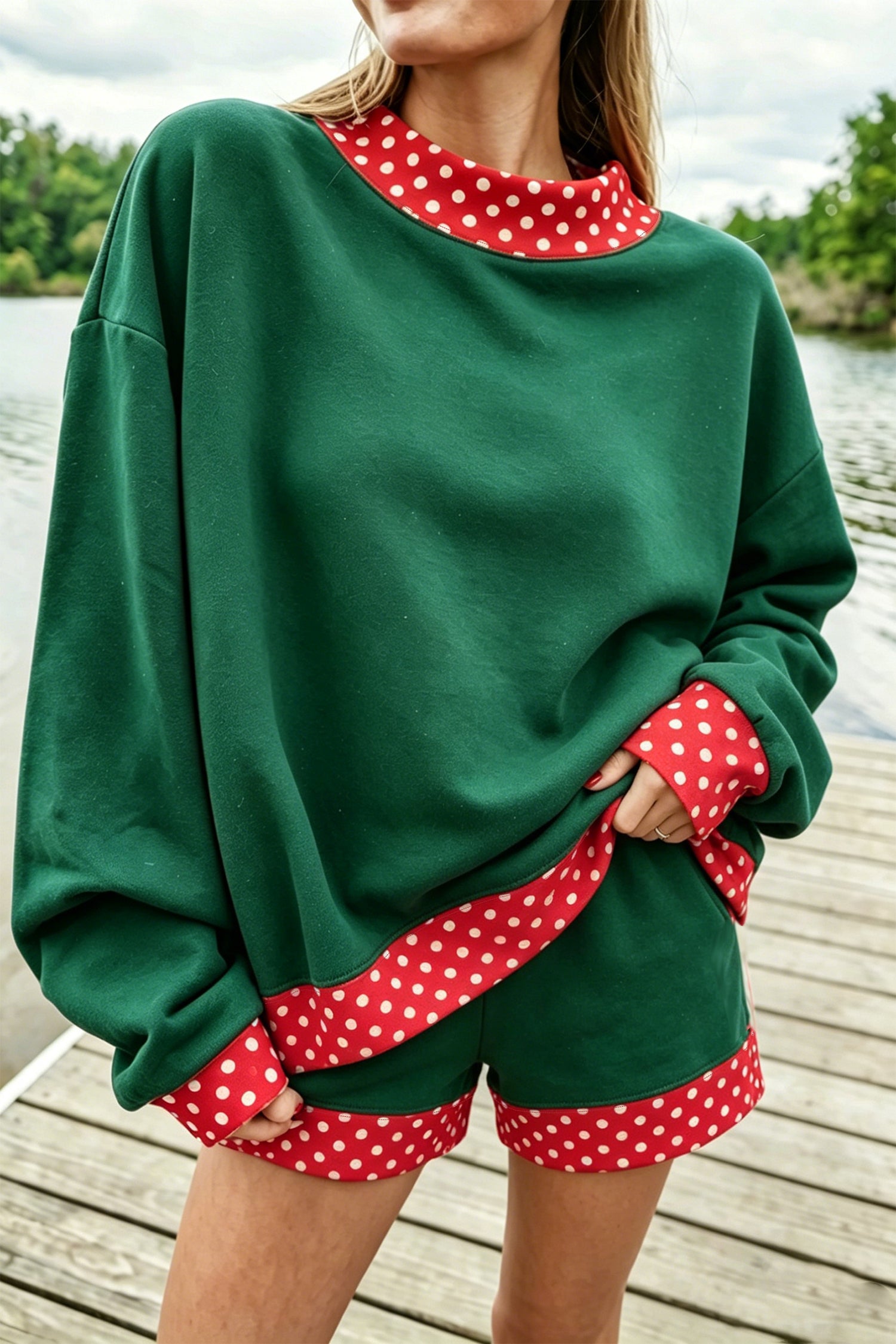 Fiery Red Gingham Trim Baggy Pullover 2pcs Short Set