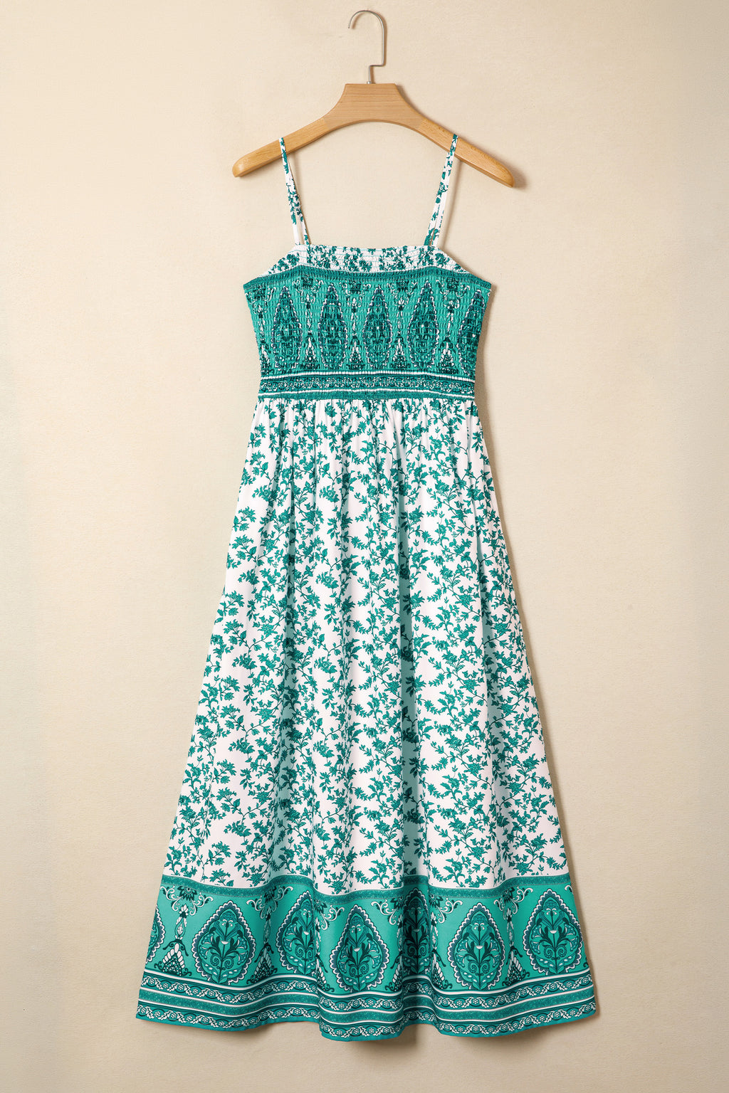Green Boho Floral Print Shirred Cami Maxi Dress