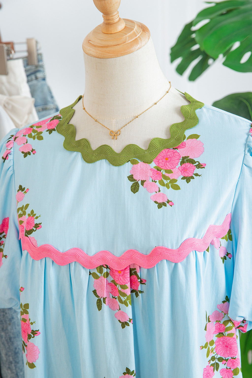 Sky Blue Floral Printed Contrast Ricrac Detail Bubble Sleeve Dress