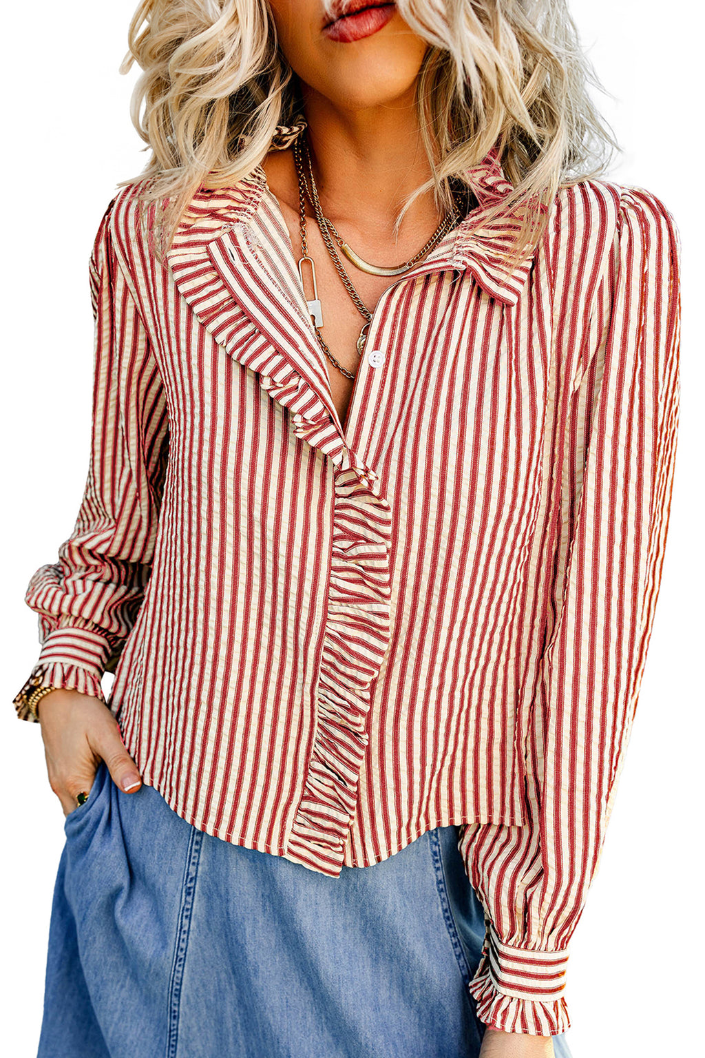 Red Stripe Textured Ruffle Trim Button-Up Long Sleeve Shirt