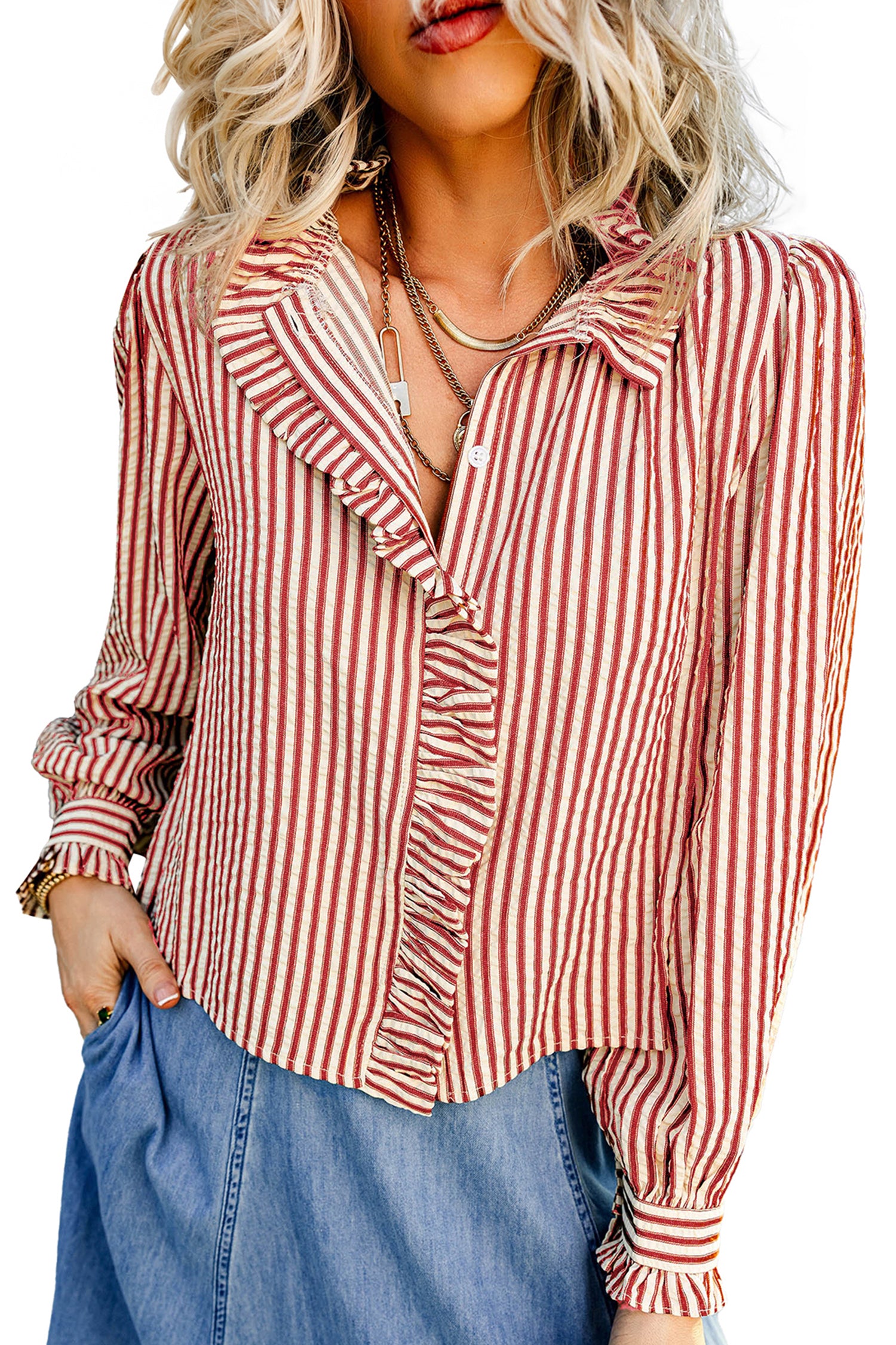 Red Stripe Textured Ruffle Trim Button-Up Long Sleeve Shirt
