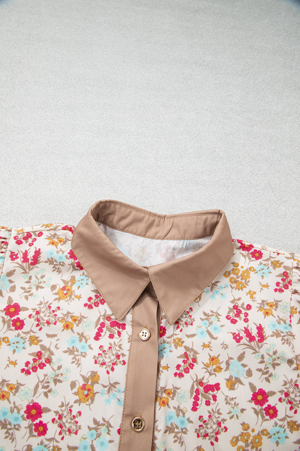 Orange Floral Print Color Block Trim Button Down 3/4 Sleeve Belted Mini Dress