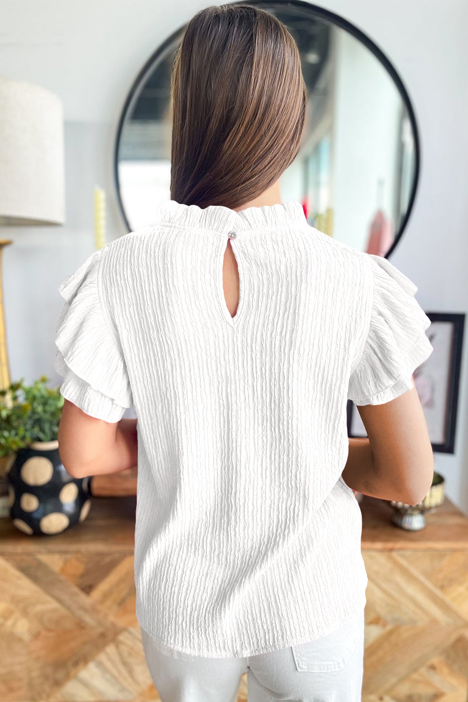 Black Solid Color Textured Ruffle Trim Short Sleeve Blouse