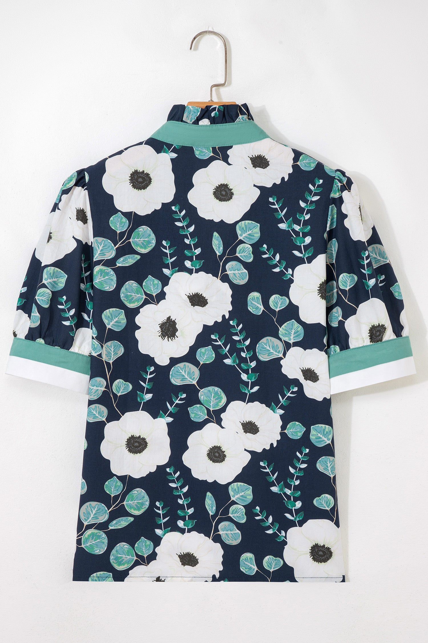 Blue Floral Print Striped Patchwork V Neck Short Sleeve Blouse