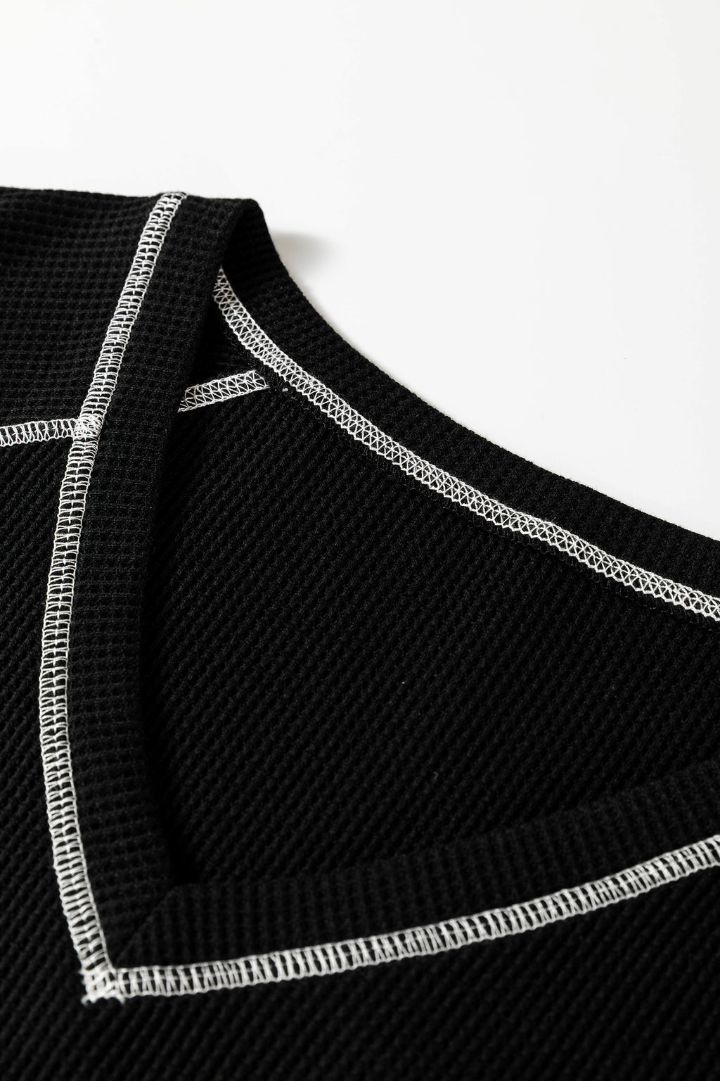 Black Waffle Textured Contrast Trim V Neck Tee