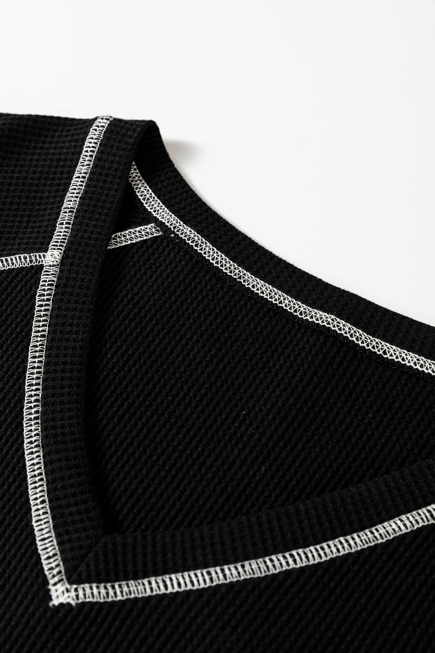 Black Waffle Textured Contrast Trim V Neck Tee
