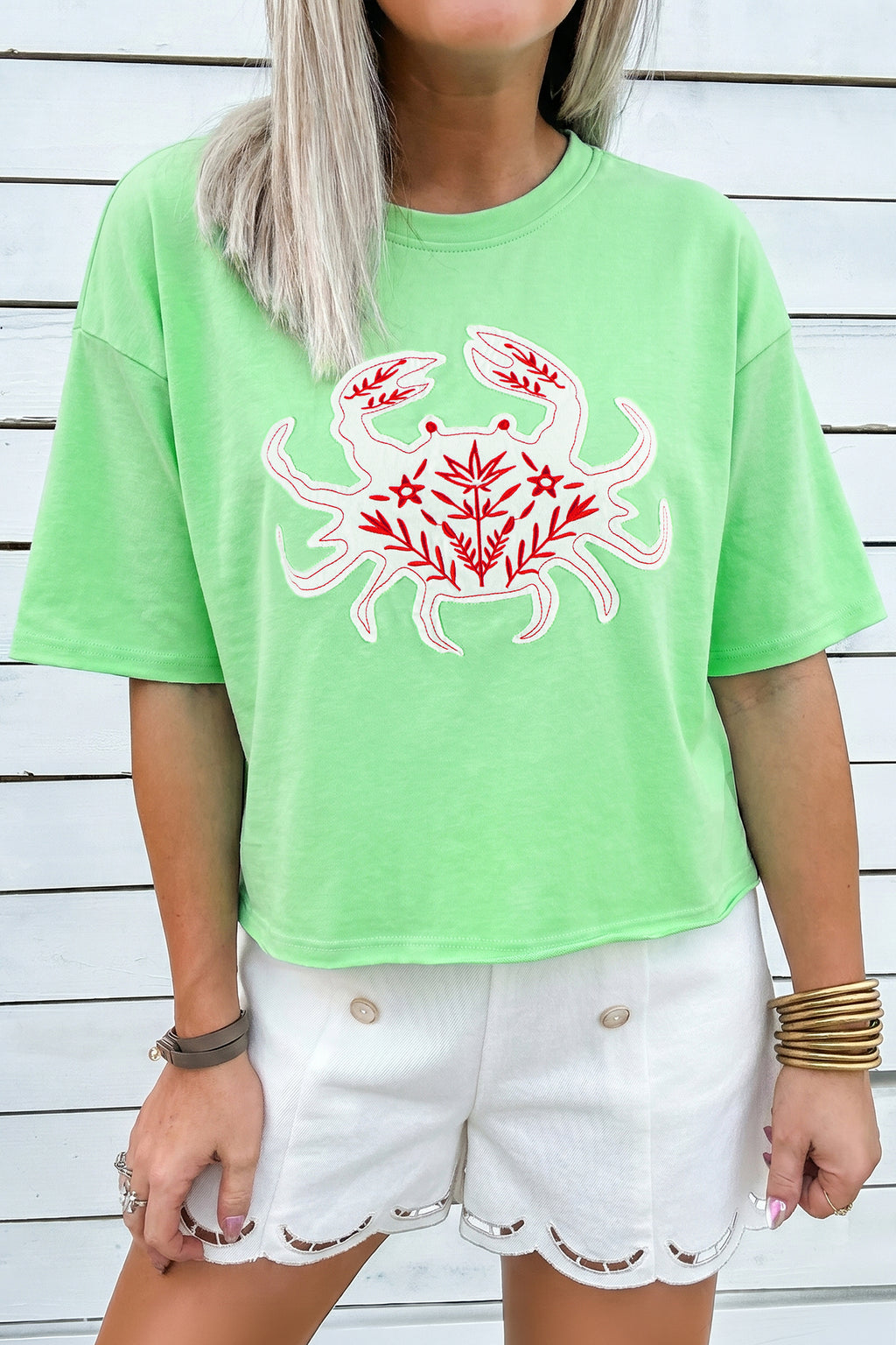 Bright Green Crab Embroidered Patch Loose Round Neck Tee