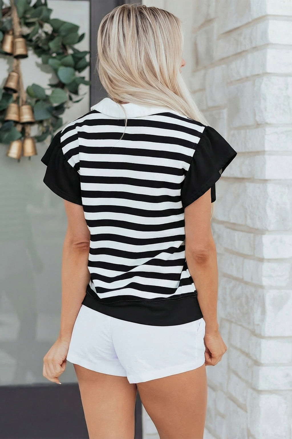 Green Stripe Collar V Neck Ruffled Short Sleeve Blouse