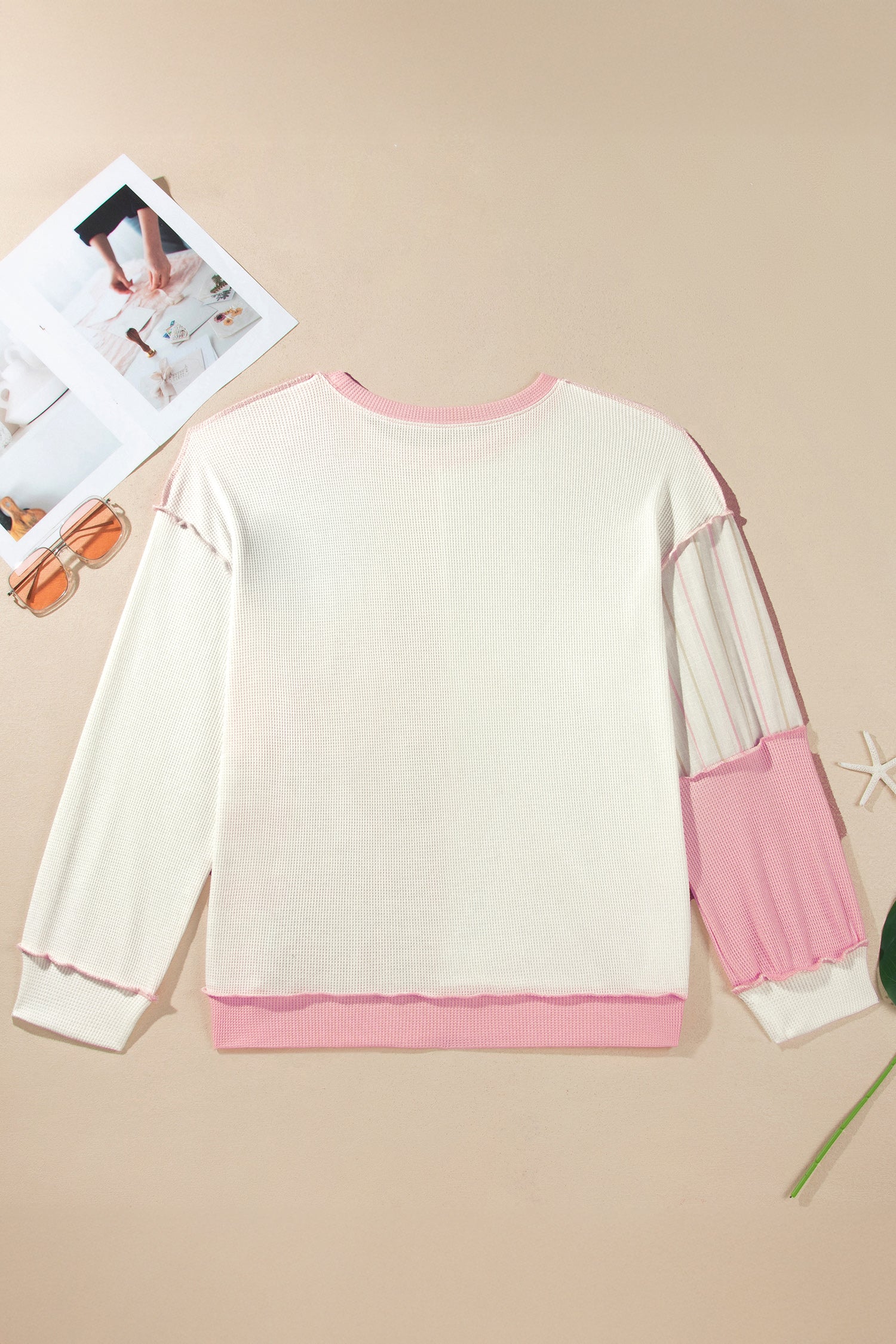 Pink Colorblock Plaid Panel Long Sleeve Plus Size Blouse