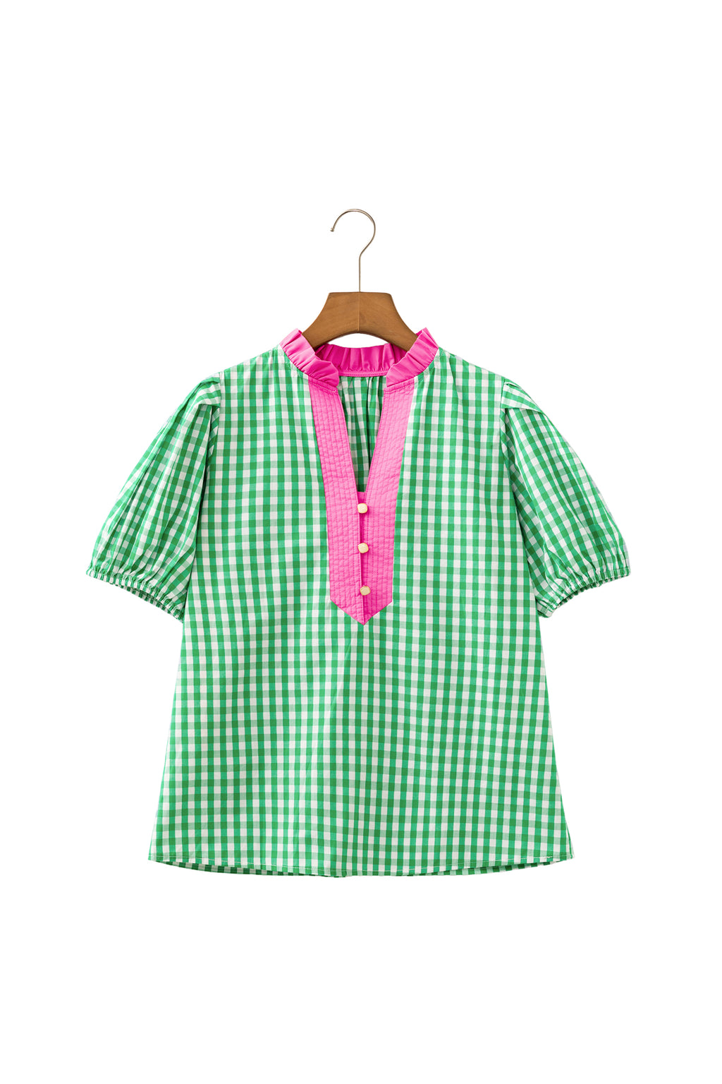 Green Gingham Plaid Bubble Sleeve Colorblock Trim V Neck Blouse