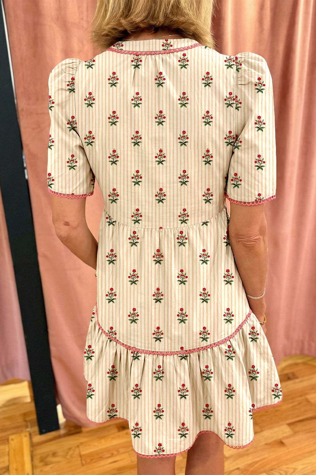 Apricot Striped Floral Short Dress