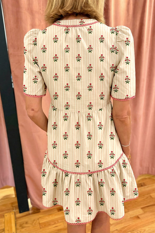 Apricot Striped Floral Short Dress