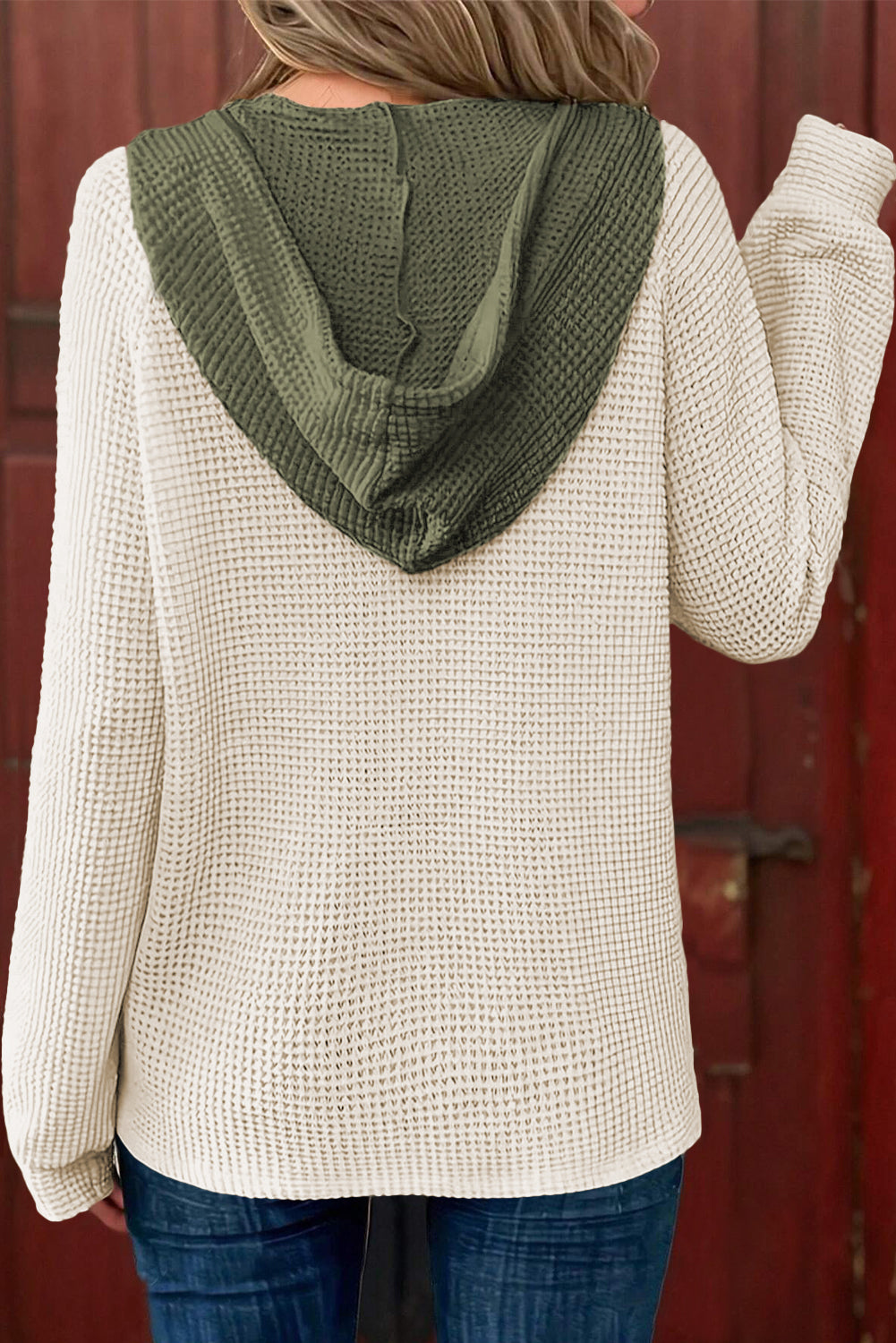 Coffee Waffle Contrast Half Buttoned Hooded Pullover Top