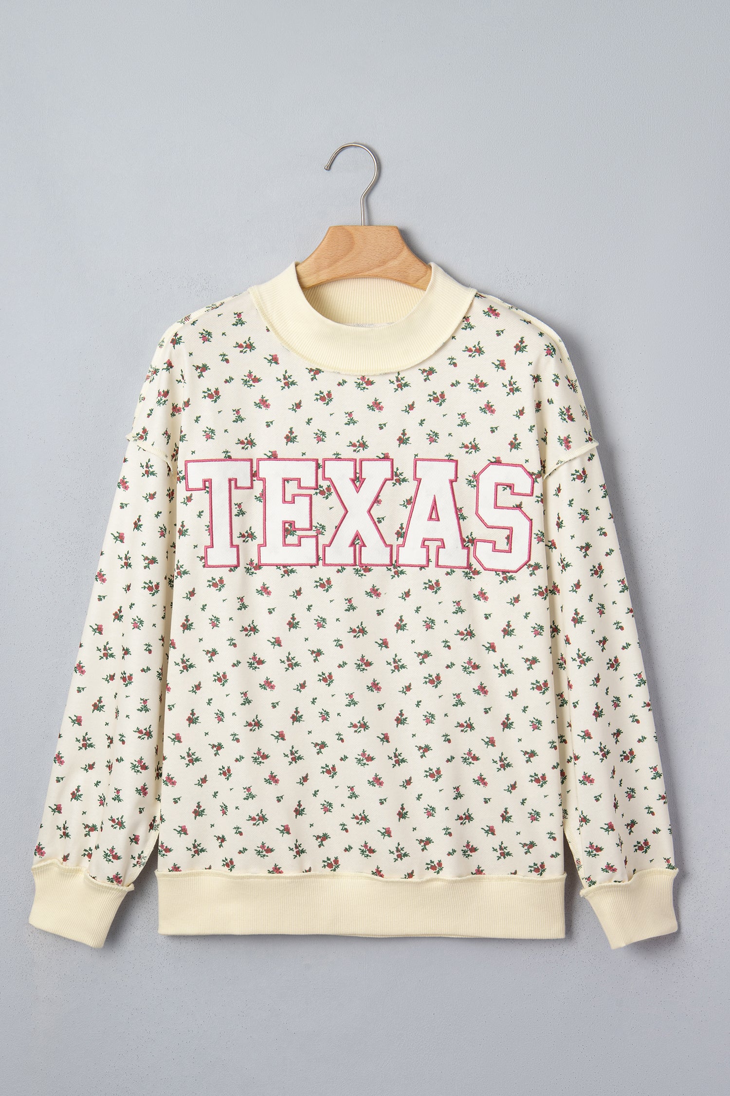 Beige Floral Print Stand Neck Long Sleeve Slogan Sweatshirt