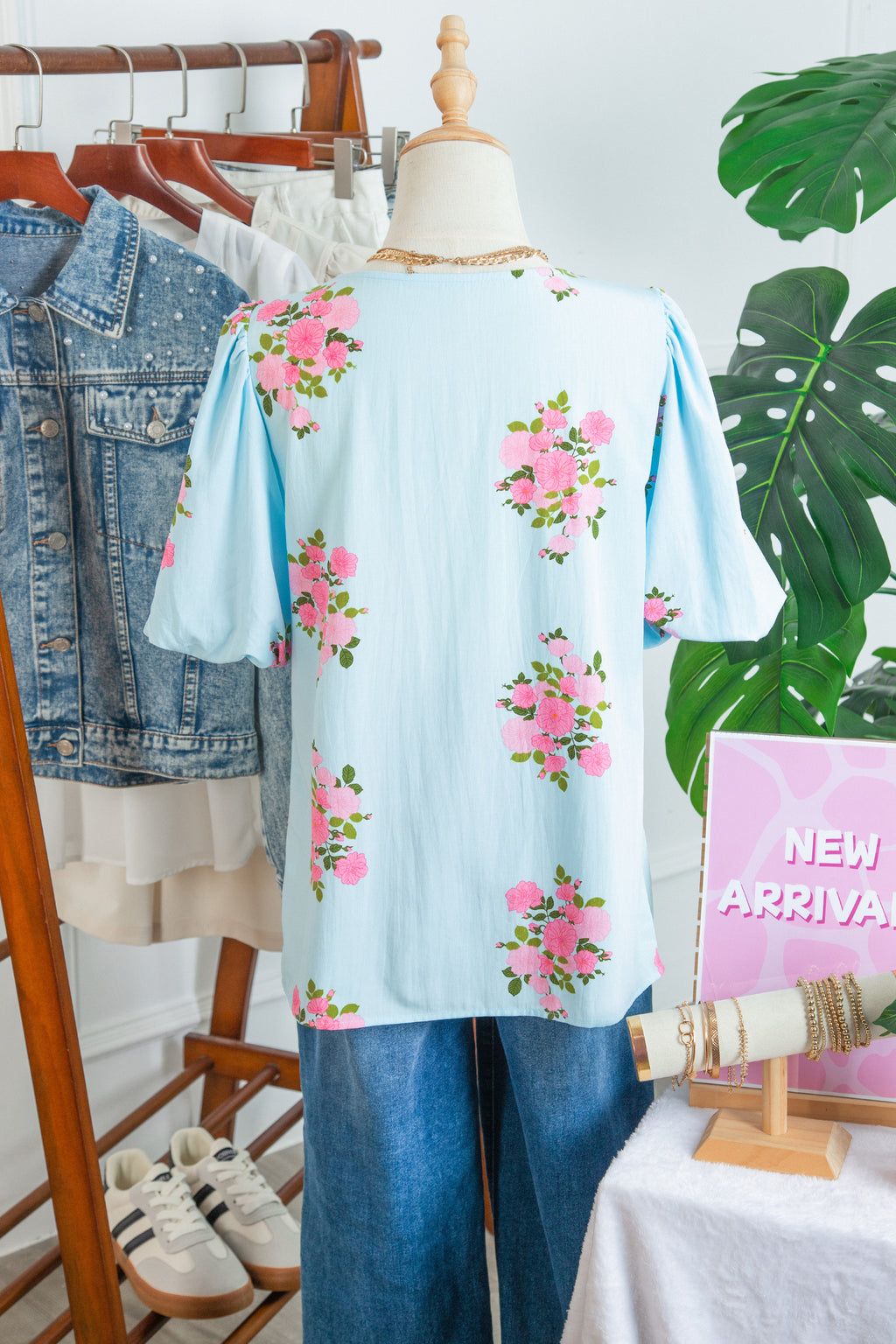Sky Blue Floral Printed Contrast Ricrac Detail Bubble Sleeve Blouse
