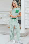 Green Stripe Crew Neck Tee Drawstring Waist Cropped Pants Set