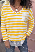 Yellow Stripe Striped Lace Patchwork V Neck Long Sleeve Top