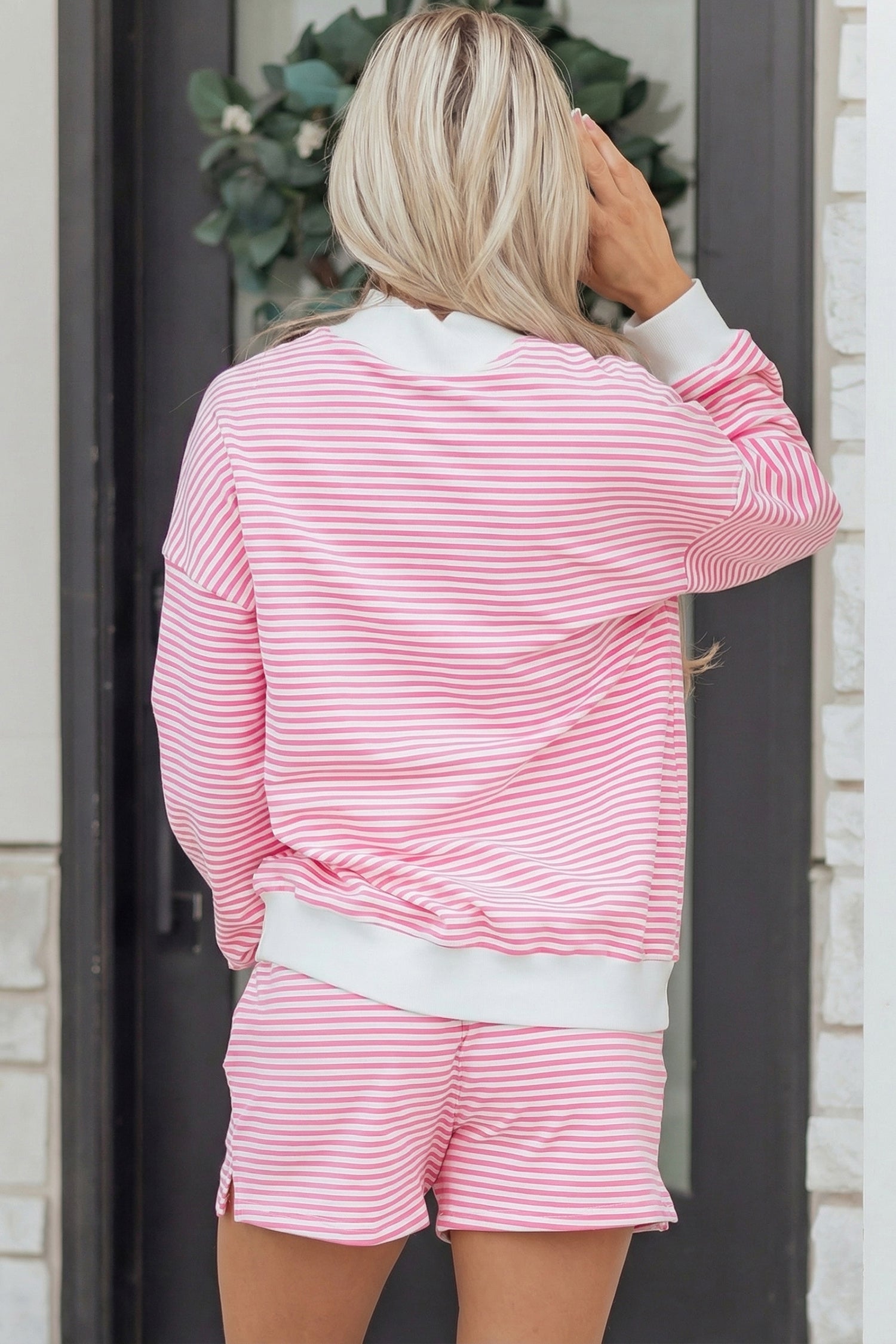 Red Stripe Oversize Mock Neck Sweatshirt and Shorts Set