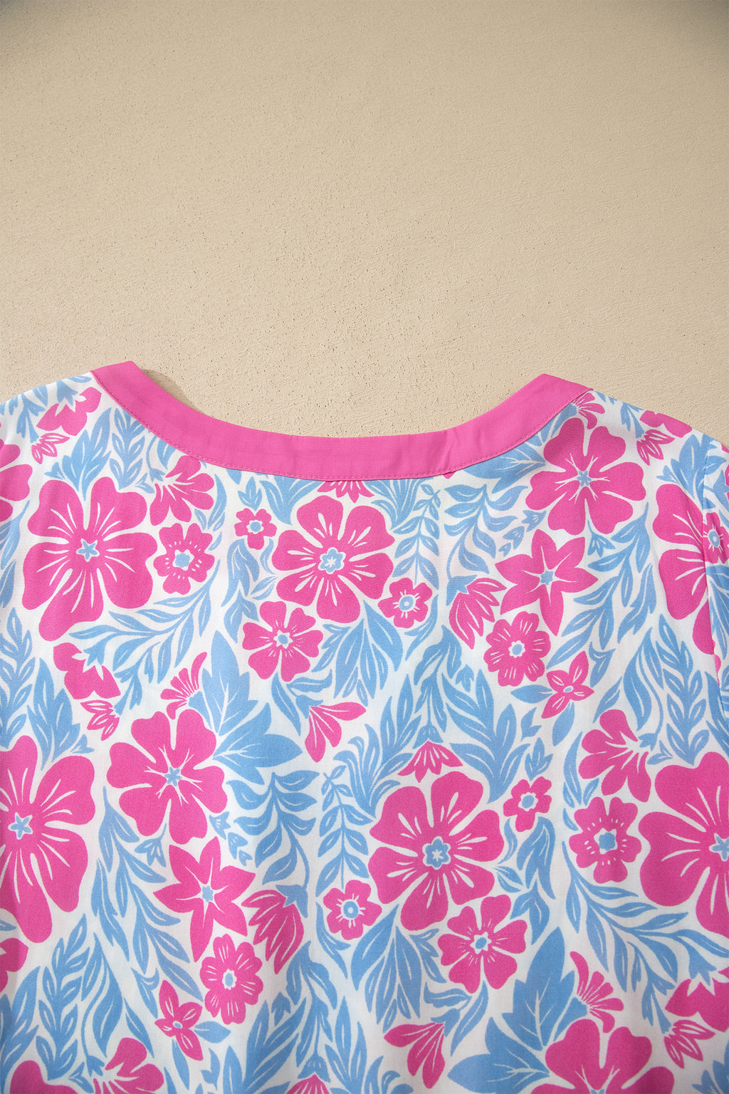 Rose Floral Print Ruffled Color Block Trim Half Sleeve Blouse