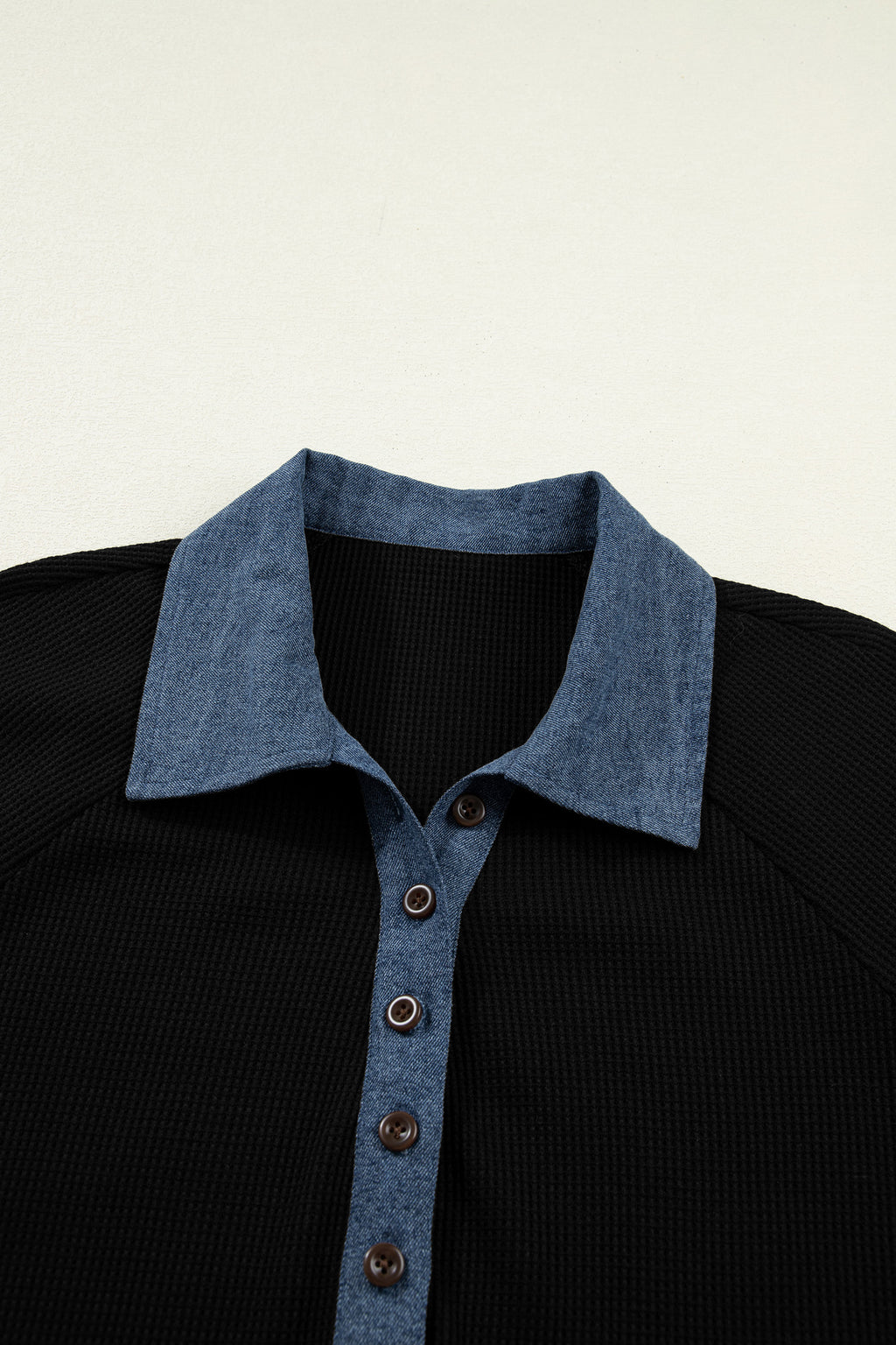 Black Textured Knit Denim Patchwork Button Polo Collar Long Sleeve Top