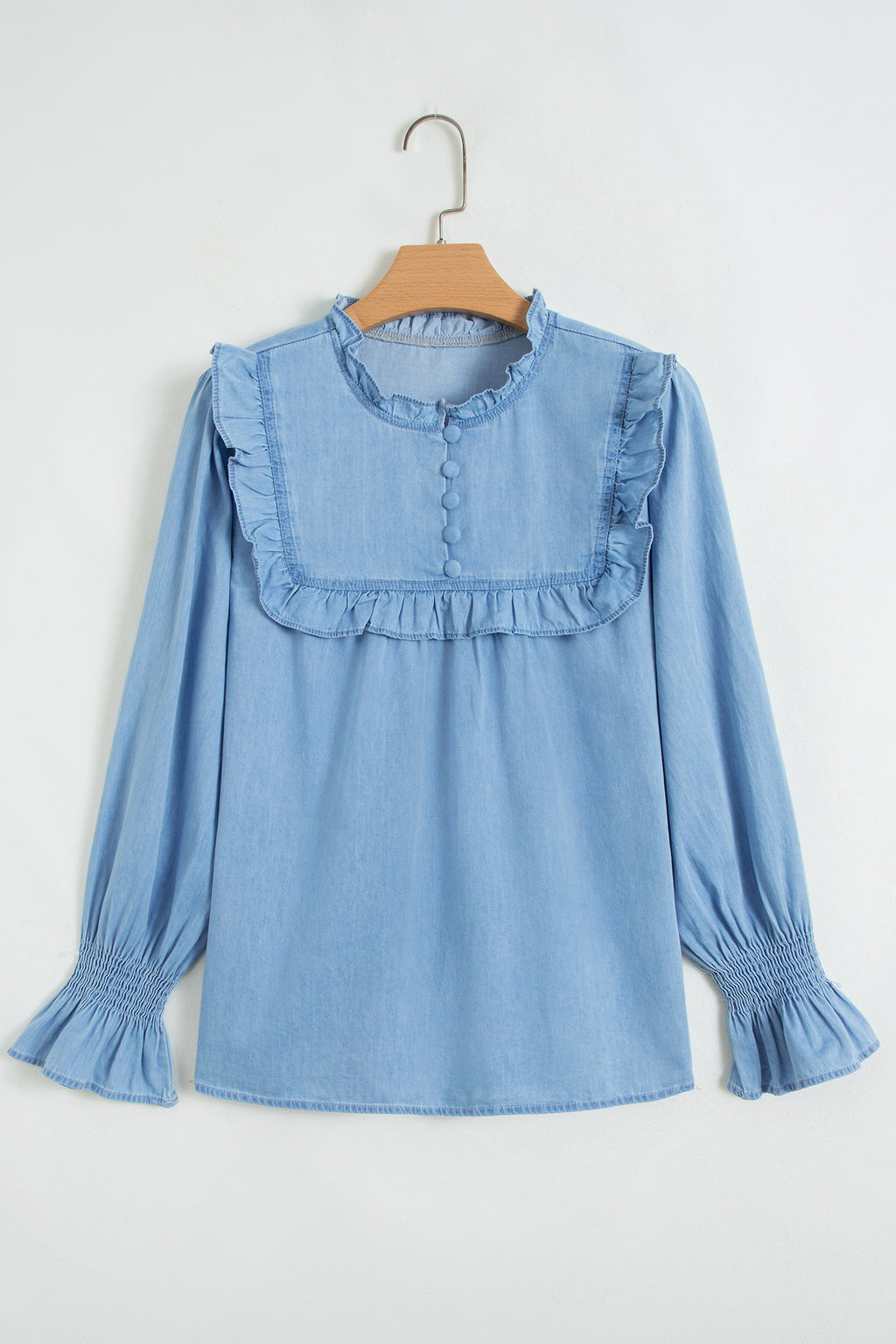 Beau Blue Western Ruffle V Neck Long Sleeve Chambray Blouse