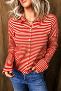 Red Stripe Striped Button Collar Long Sleeve Knit Cardigan