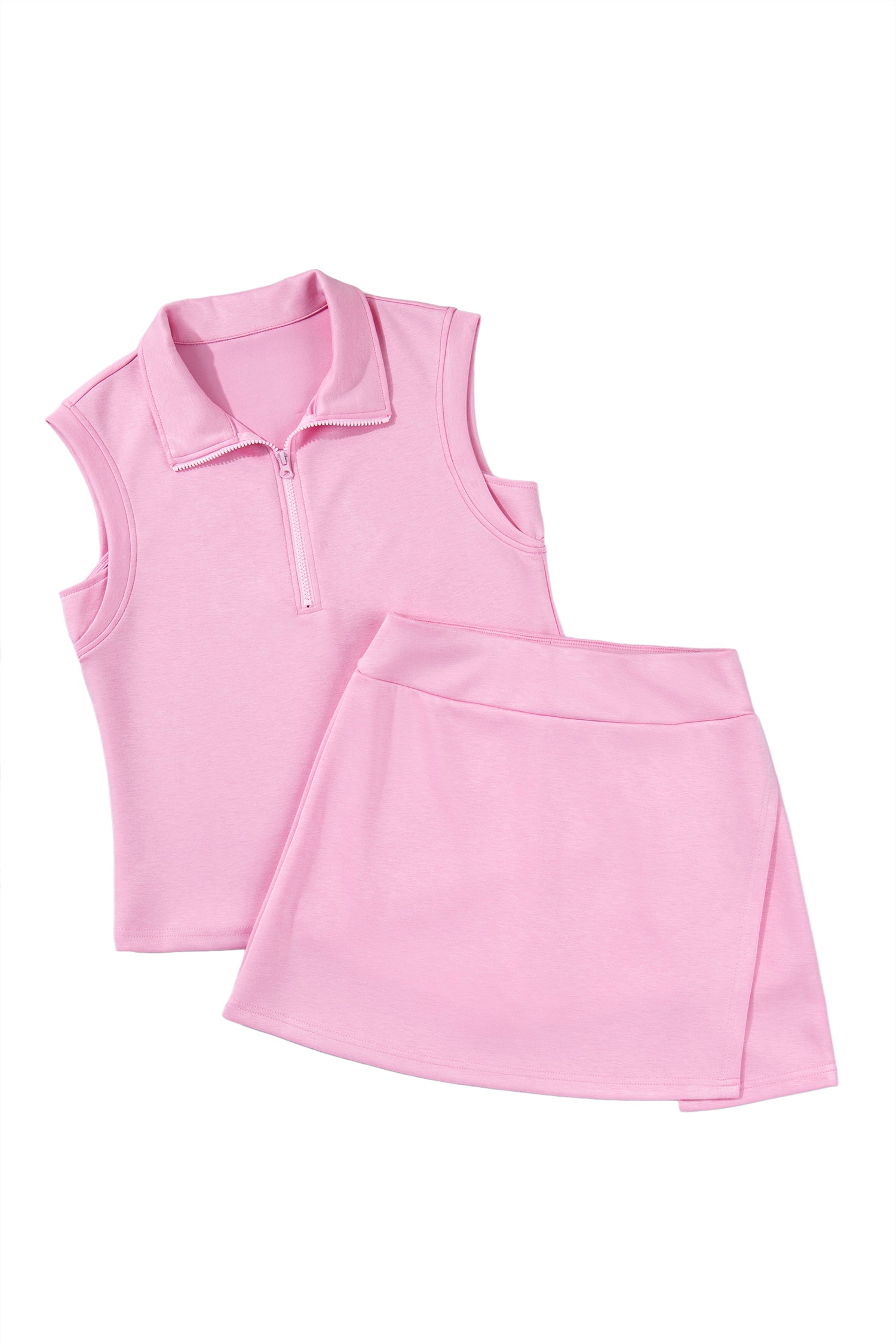 Pink Solid Color Sleeveless Zipper Tank and Skort Set