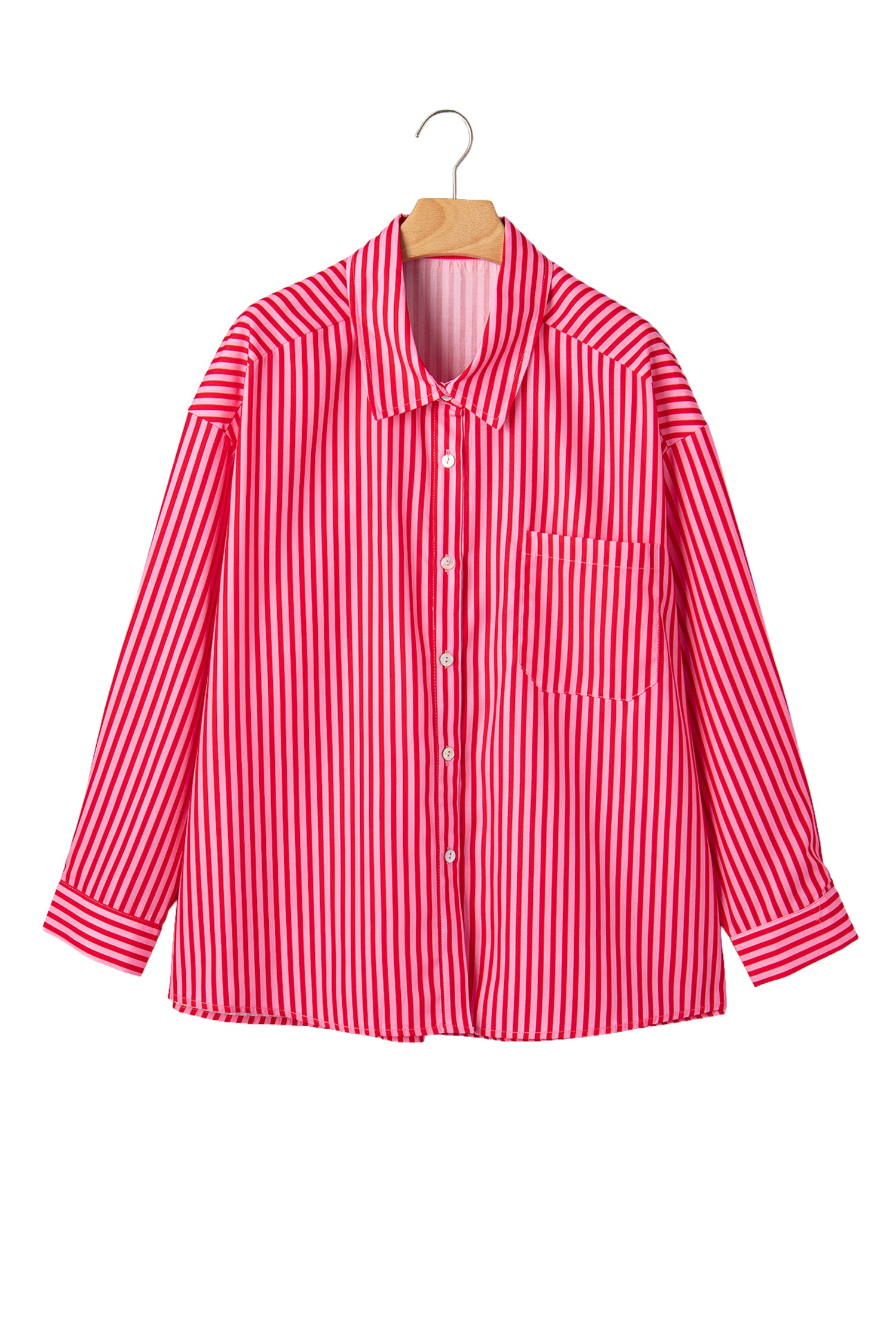 Red Stripe Button-Up Shirt Long Sleeve Patch Pocket Casual Shirt