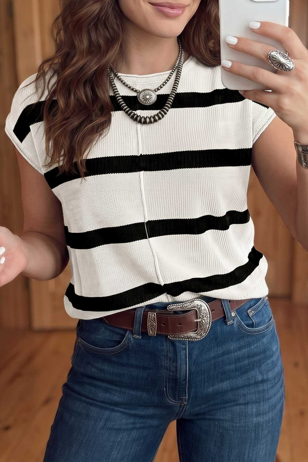 Brown Stripe Knit Western Short Sleeve Sweater