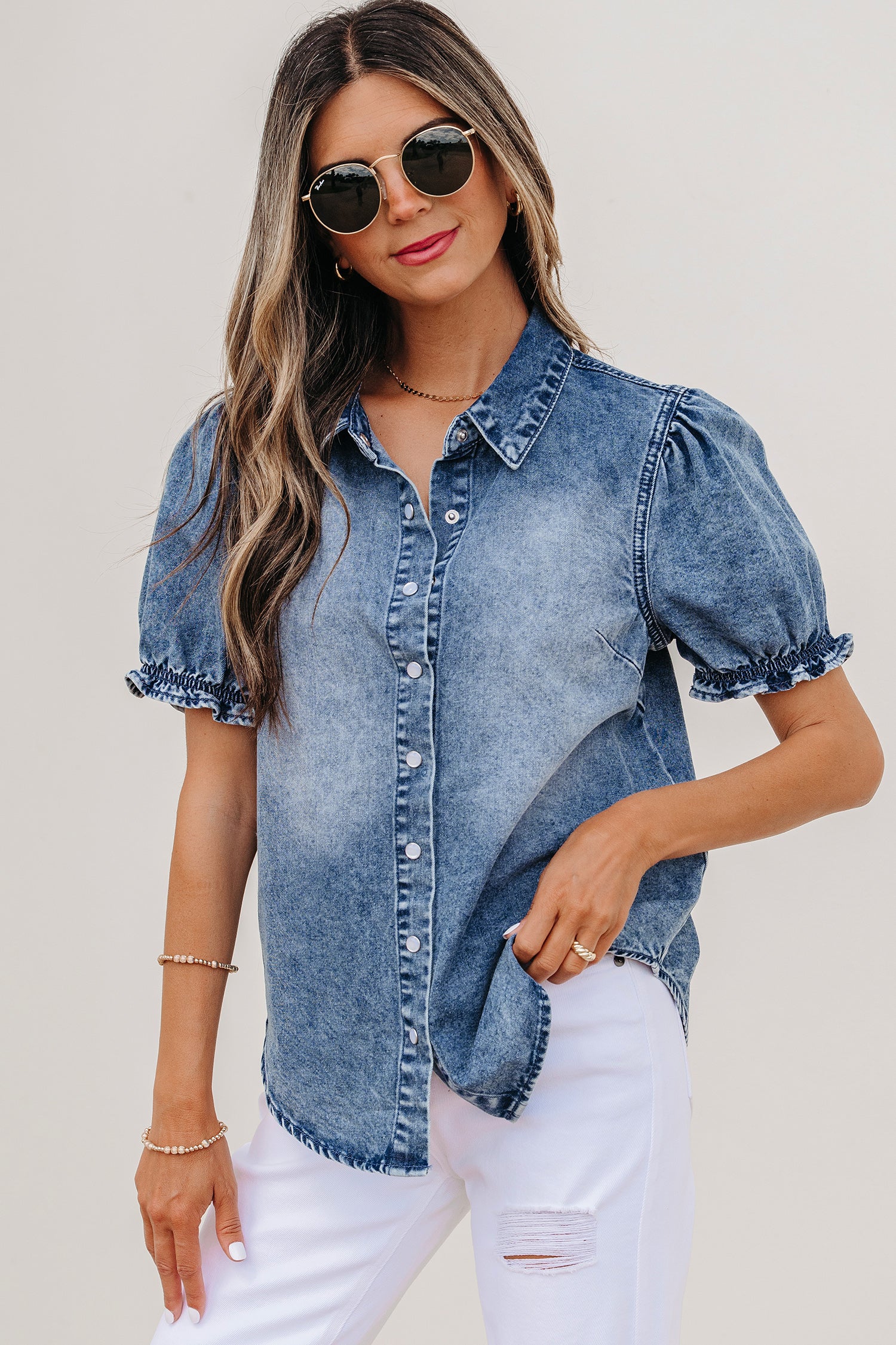 Frilled Short Sleeve Denim Shirt