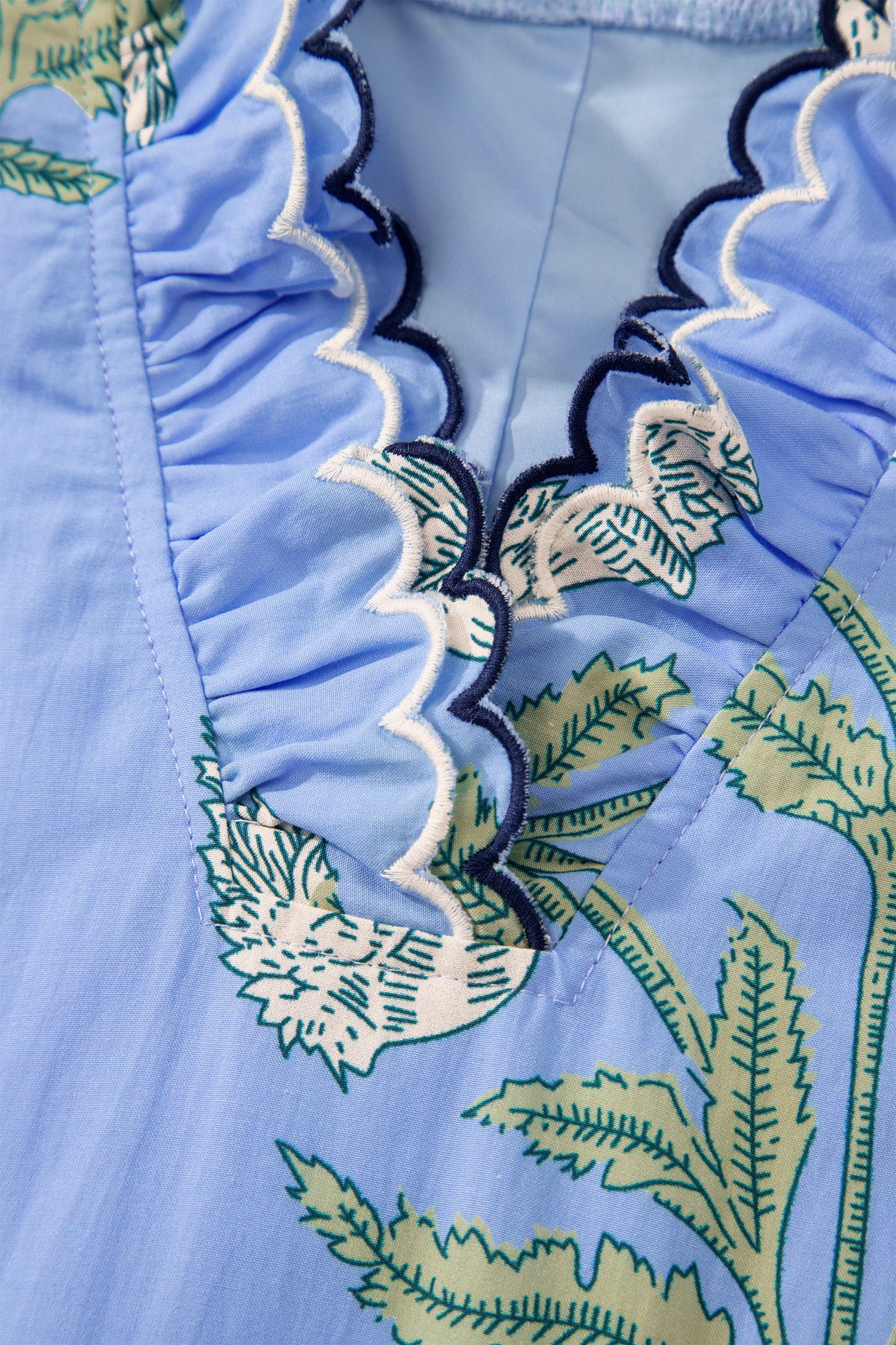 Sky Blue Wild Floral Print Scalloped Embroidery Trim V Neck Drop Waist Mini Dress