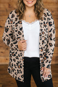 Khaki Leopard Print Long Sleeve V Neck Tunic Plus Size Cardigan