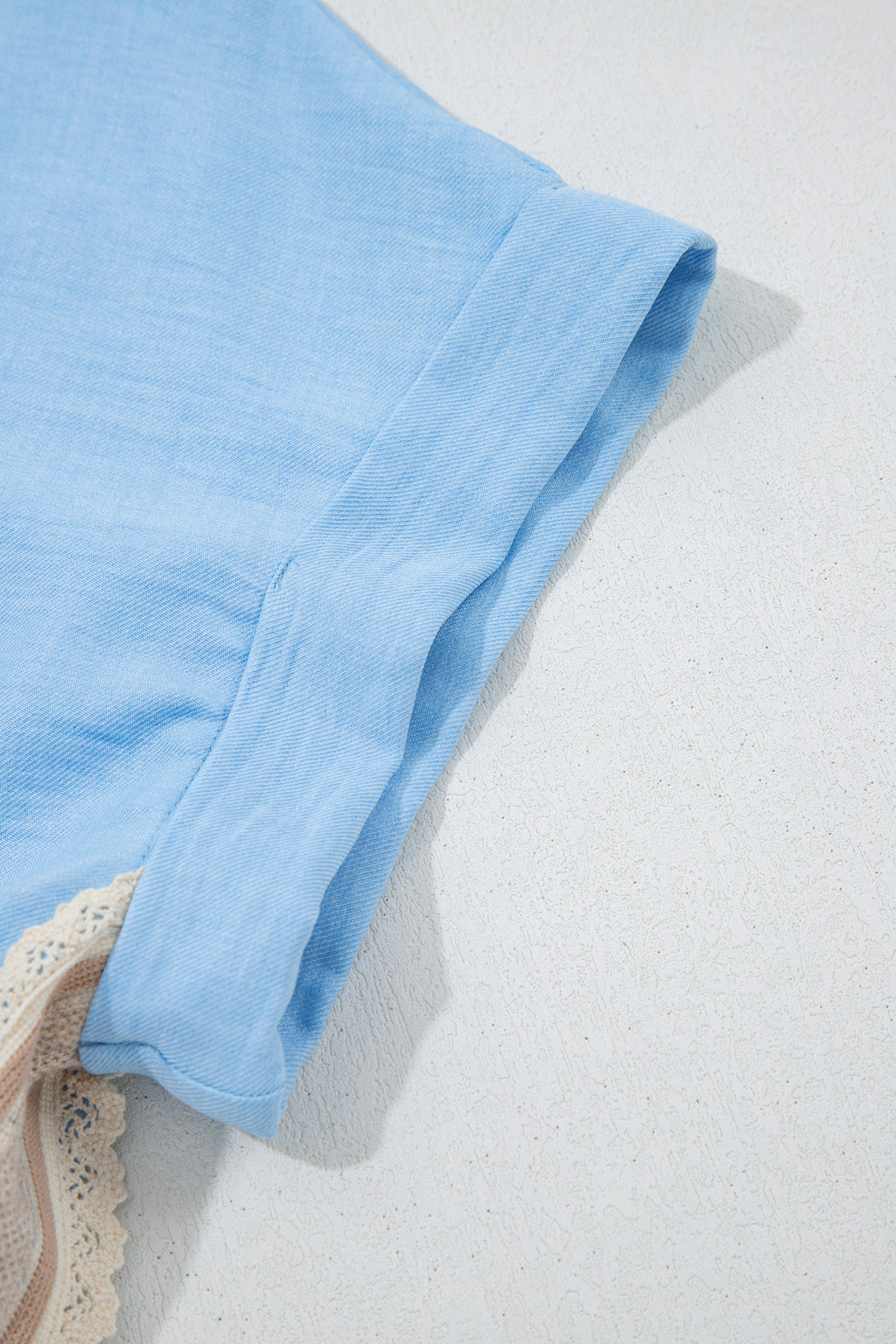 Beau Blue Crochet Lace Accent Pullover Rolled Short Sleeve Blouse