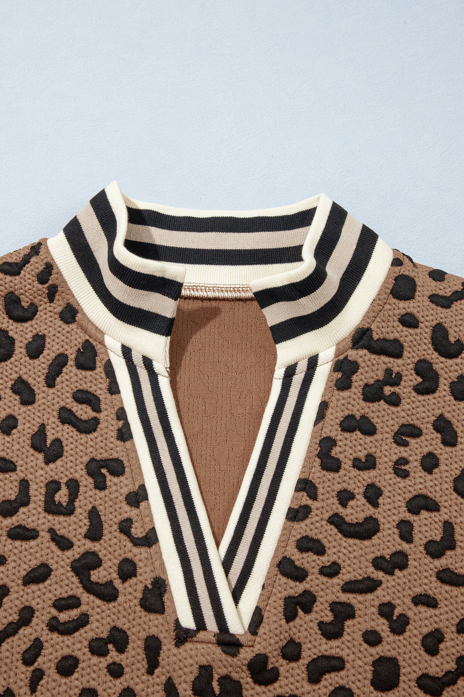 Brown Leopard Print Striped Trim Collar Long Sleeve Shift Pullover