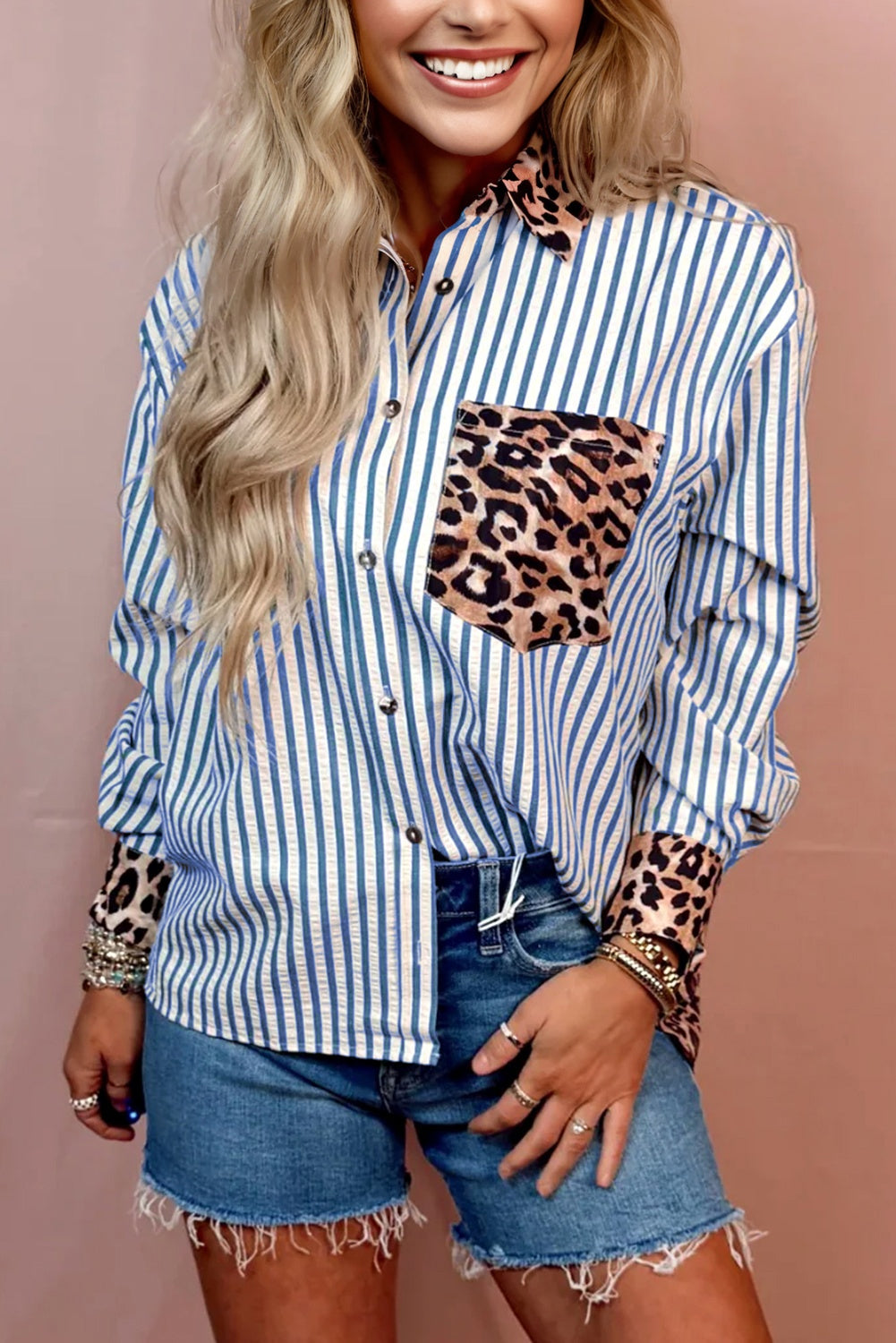 Sky Blue Striped Leopard Button Up Shirt
