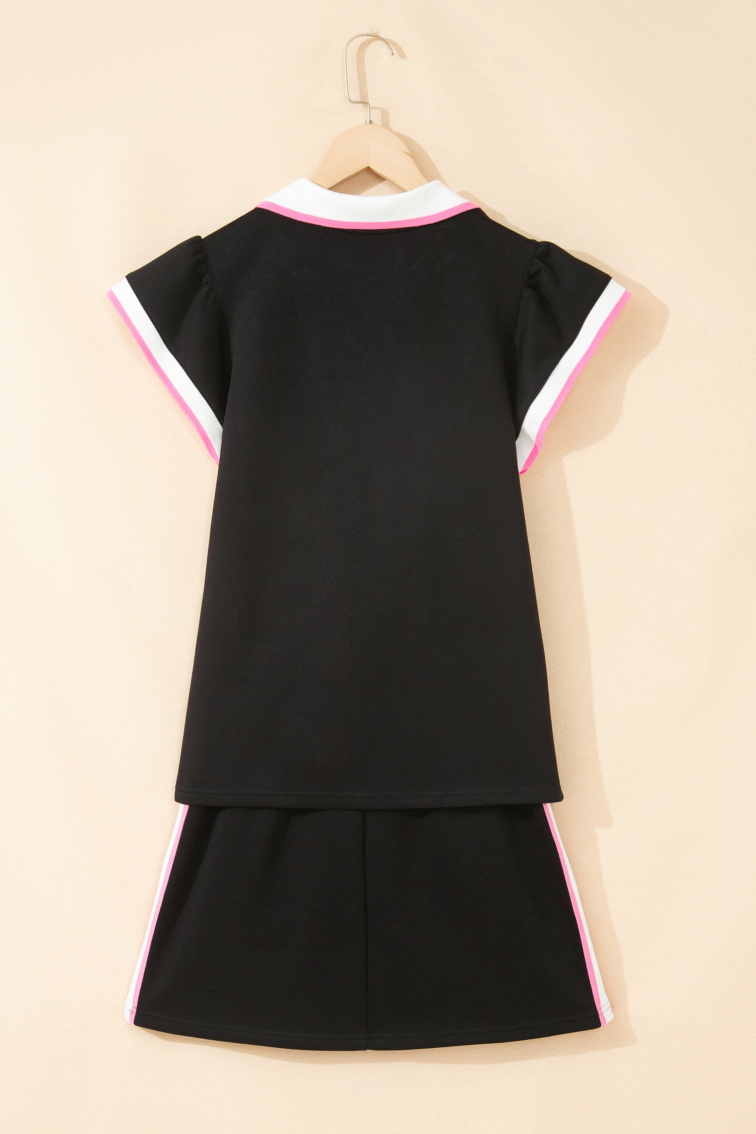 Black Preppy Striped Trim V Neck Polo Tee Drawstring Skirt Set