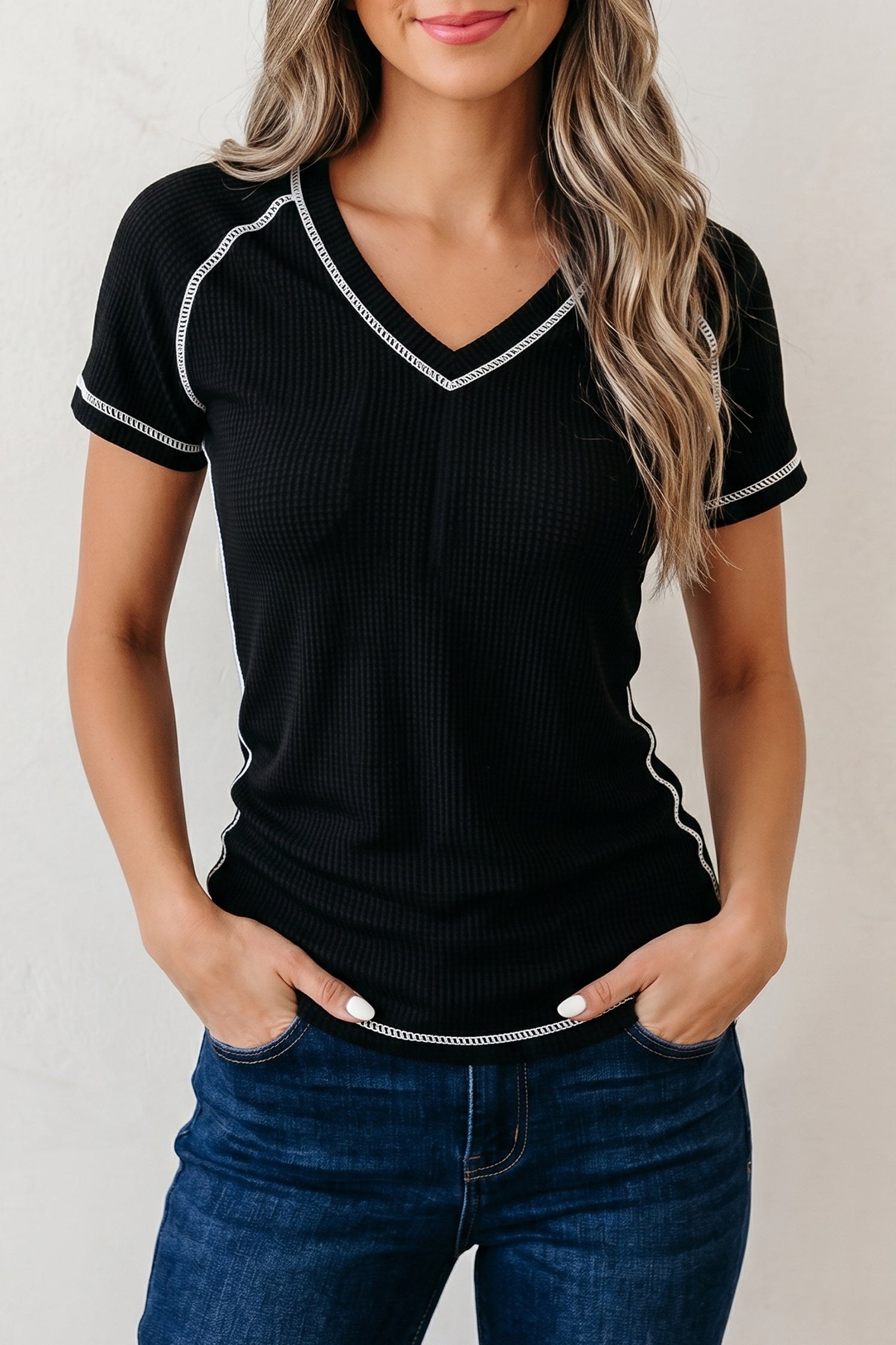 Black Waffle Textured Contrast Trim V Neck Tee