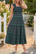 Green Plaid Ruffle Sleeveless Shirred Bodice Tiered Midi Dress