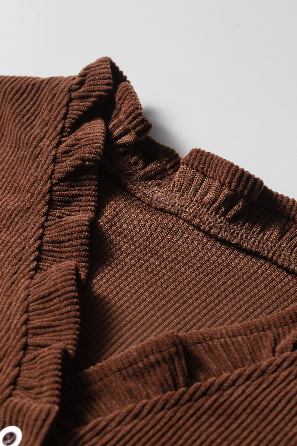 Coffee Solid Color Ruffle Trim V Neck Long Sleeve Button Corduroy Shakcet