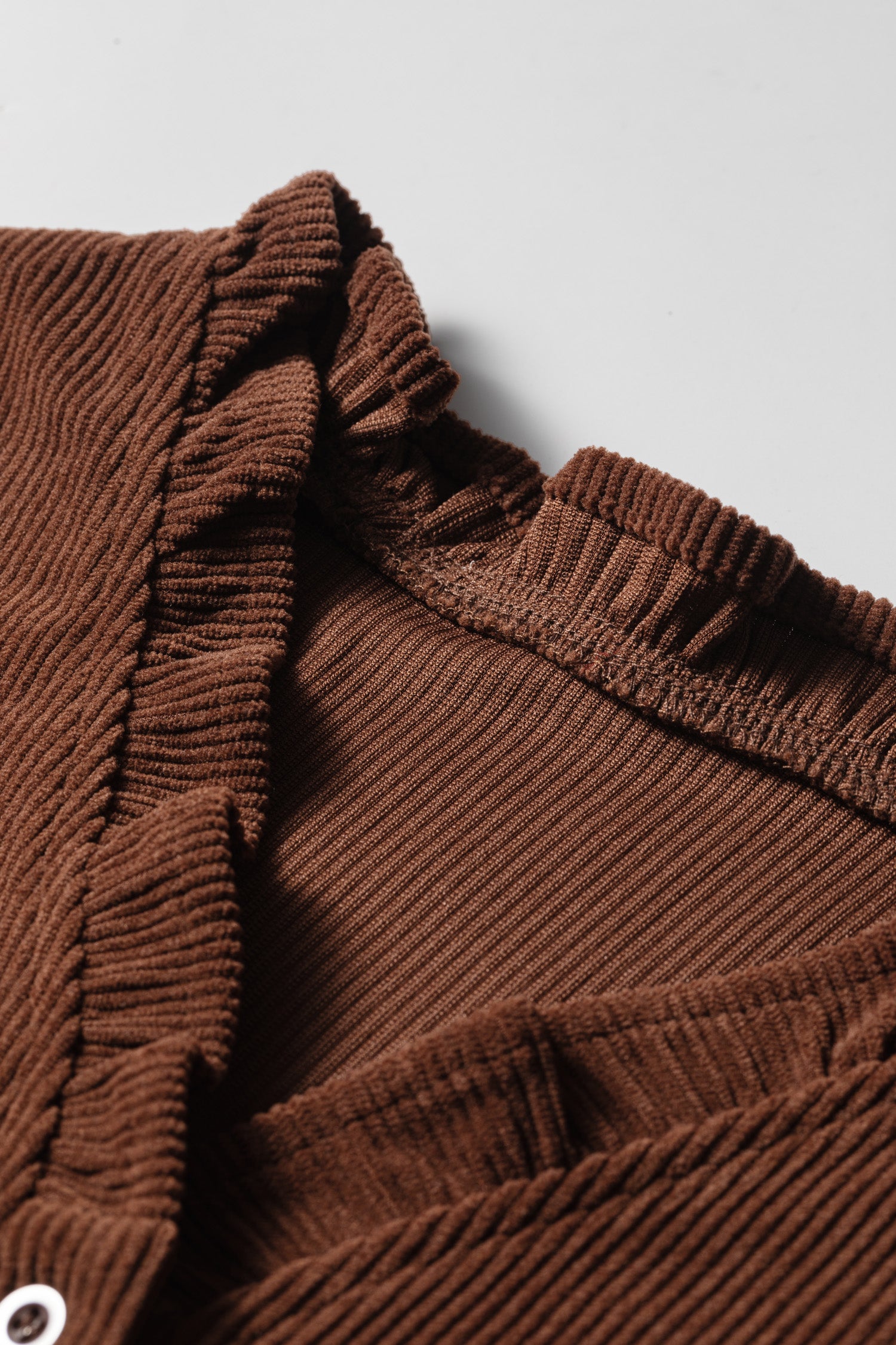 Coffee Solid Color Ruffle Trim V Neck Long Sleeve Button Corduroy Shakcet