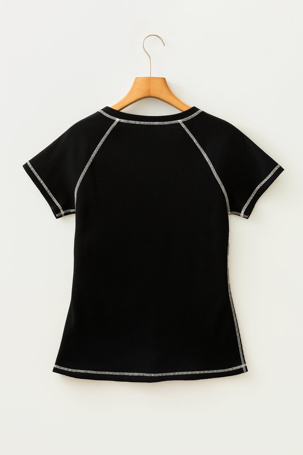 Black Waffle Textured Contrast Trim V Neck Tee