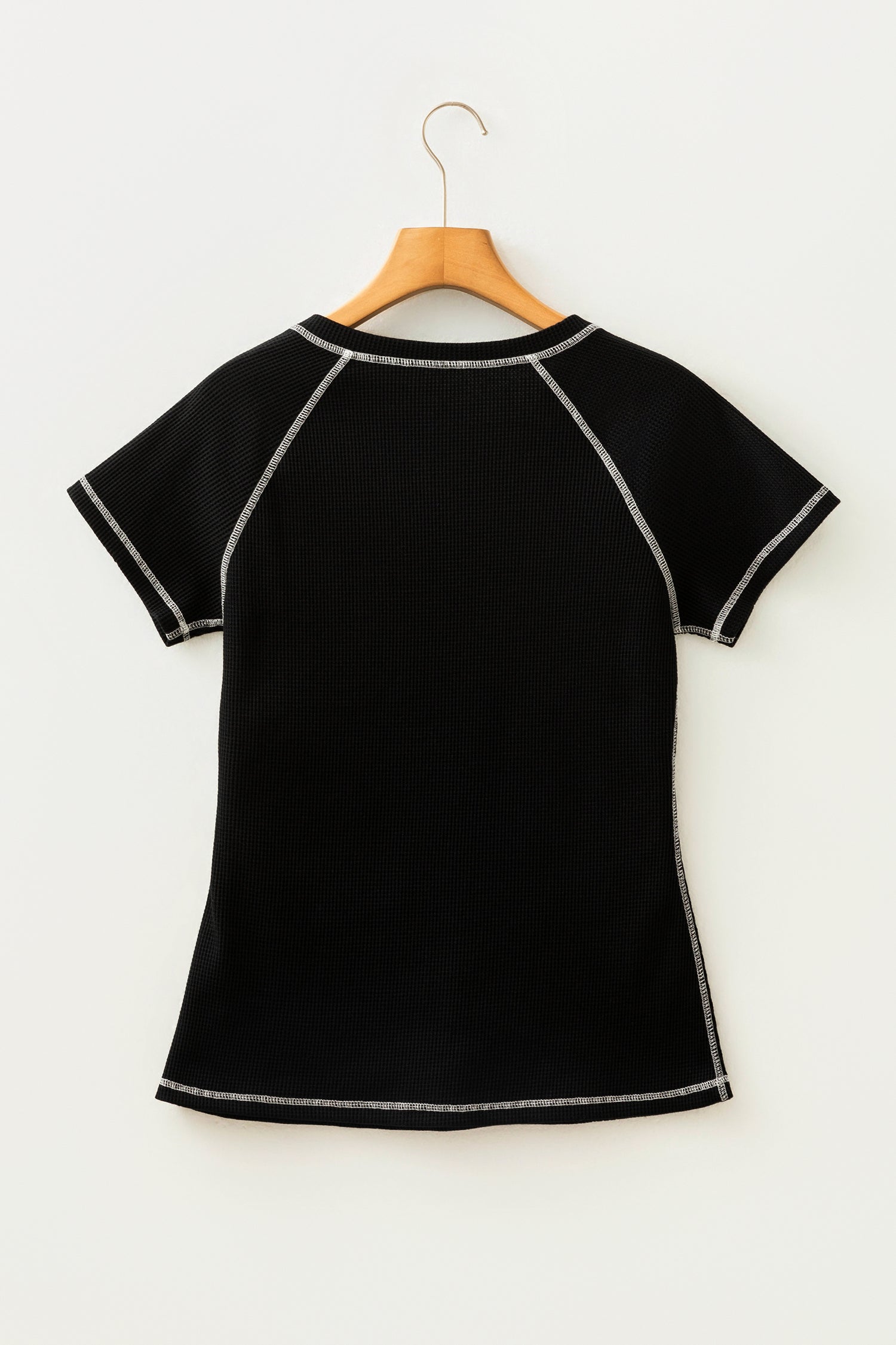 Black Waffle Textured Contrast Trim V Neck Tee