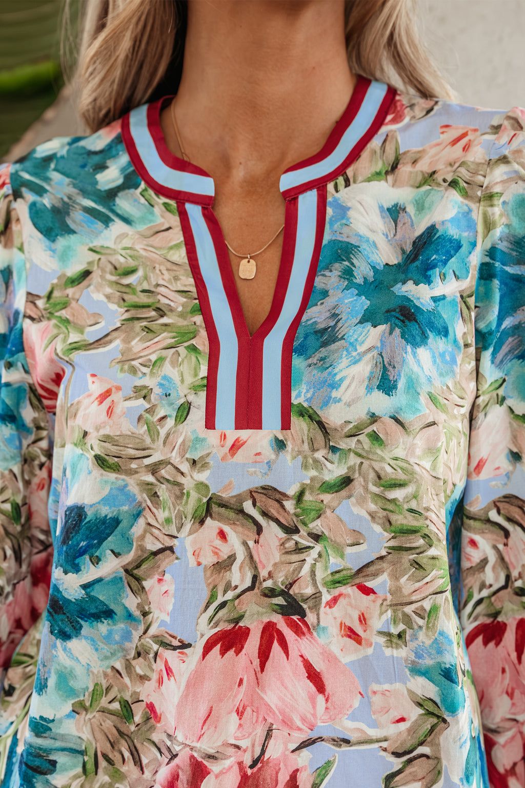 Sky Blue Contrast Floral Blouse